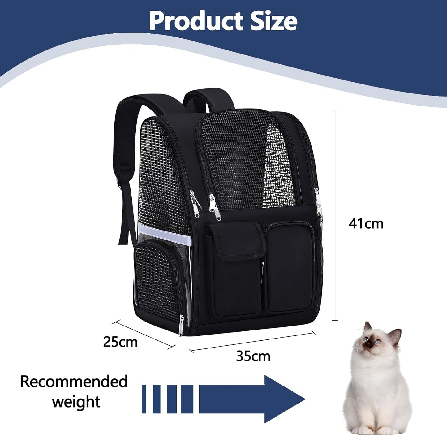 Pet Backpack, Airline Approved Dog Backpack, Cat Bag for Travel Hiking Bike Riding Walking Outdoor, Cat Backpack with Breathable Mesh(Black)