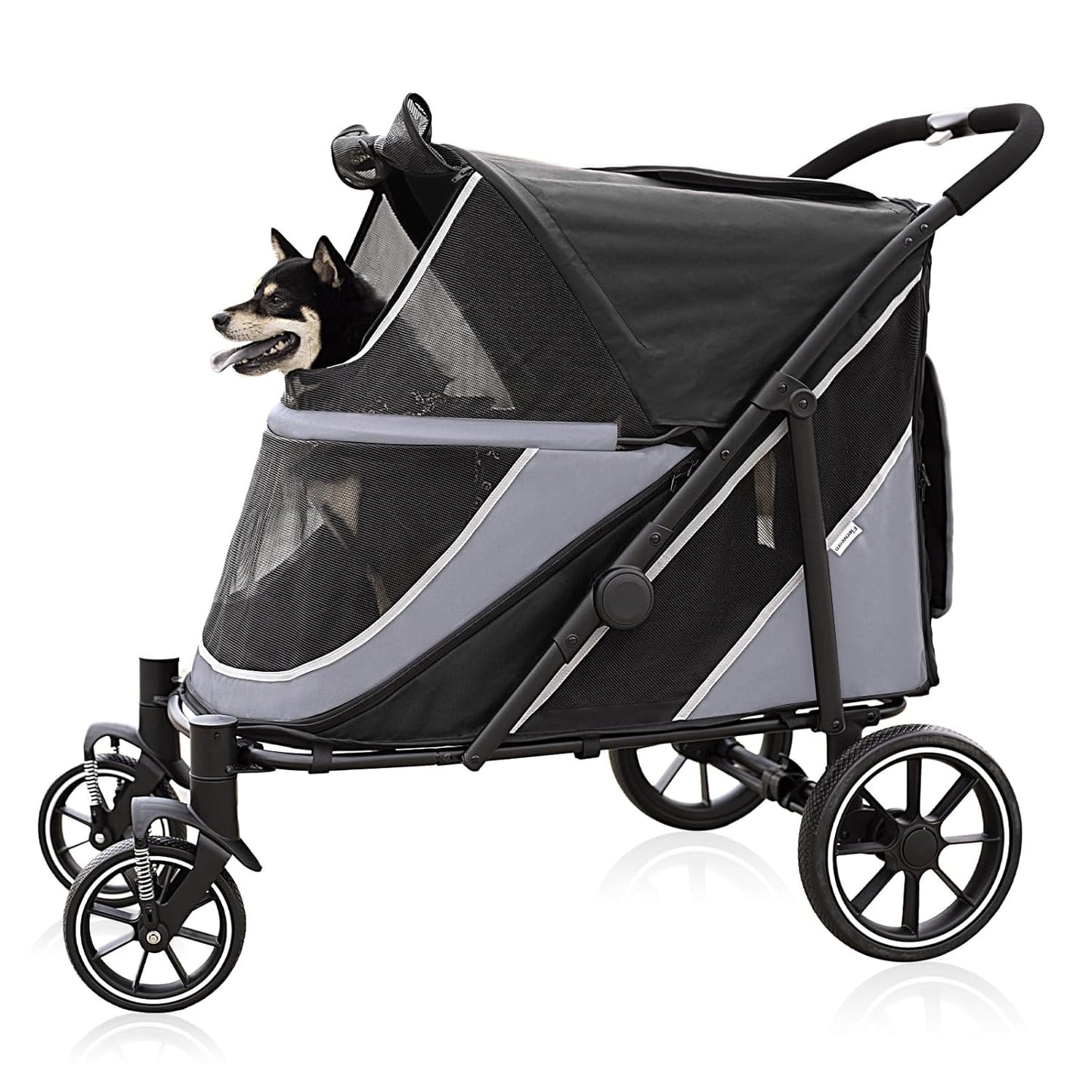 Dog Stroller for Medium/Large Dogs One-Click Folding, Extra Large Pet Stroller for 2 Dogs with Storage Pocket & Shock Absorption, Up to 130 lbs, Grey