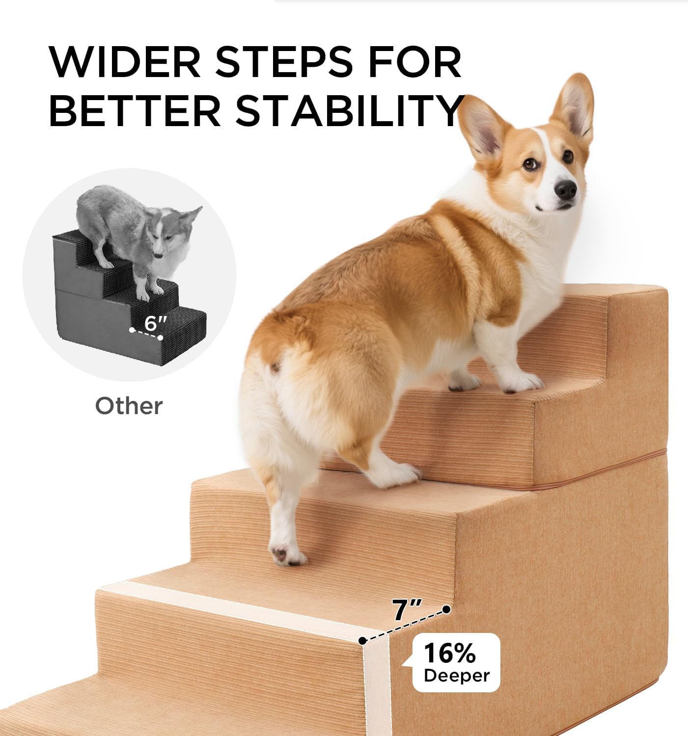 Made4Pets Dog Steps for Bed, Extra Wide Dog Stairs for High Bed Couch Sofa, 35D Foam Pet Steps for Small Dogs and Cats, Non-Slip Bottom Pet Stairs, Tan, 4 Steps