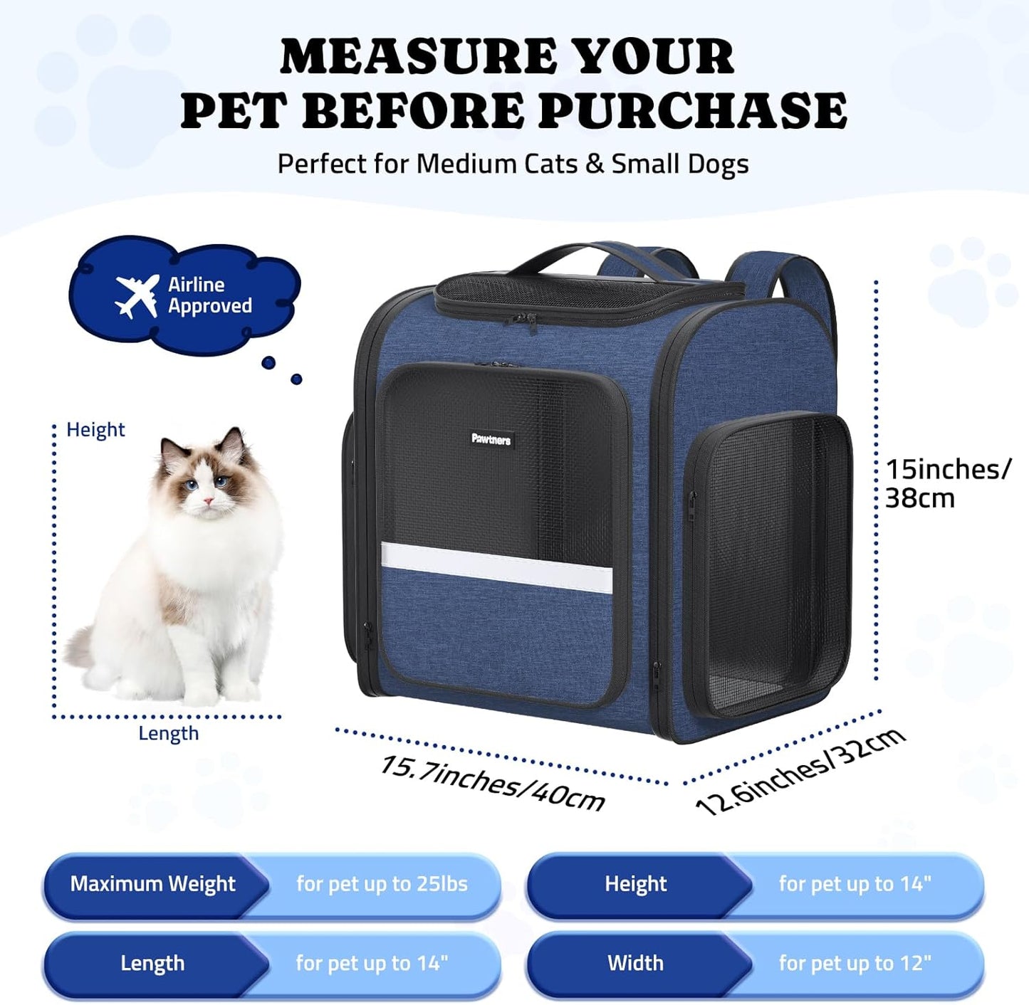 Pawtners Dog Backpack Carrier Dog Carrier with Anti-Scratch Mesh with Great Ventilation, Large Pet Carrier Backpack for Small Dogs & Large Cats, Foldable Designed Pet Backpack Perfect for Travel