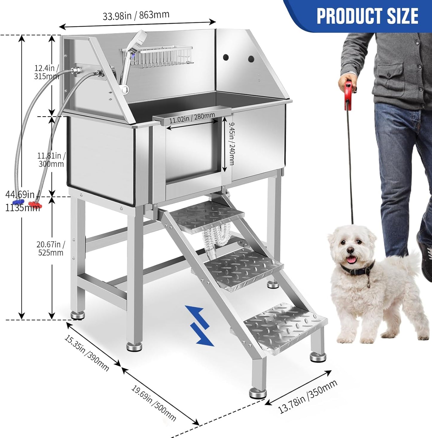 Professional Stainless Steel Dog Bathing Station, Dog Grooming Tub, with Stairs, Floor Grate & Faucet for Dog Bathtub for Large, Medium & Small Pets,34" L-RAMP