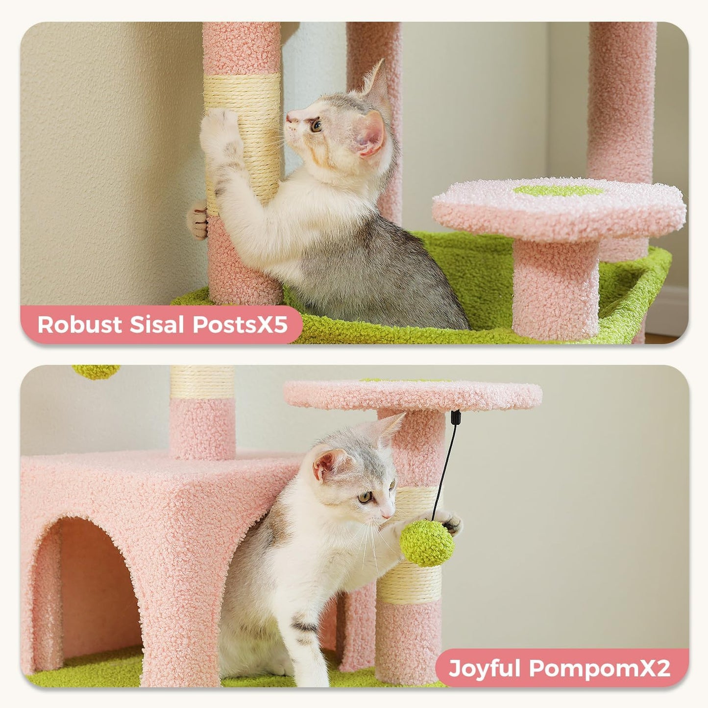 PAWZ Road Cat Tree, 53.5 Inches Tall Cat Tower with Spacious Hammocks, Condos and Scratching Posts, Cat House with Dual Padded Perches for Indoor Large Cats-Pink