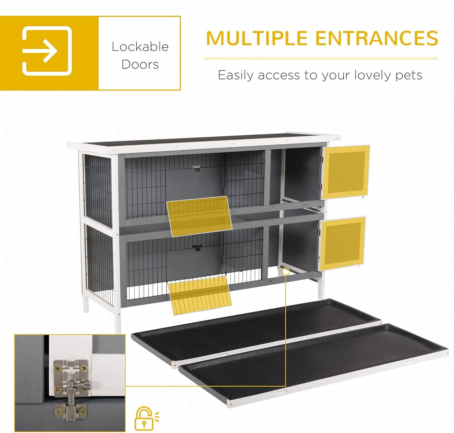 PawHut 54" 2-Story Large Rabbit Hutch Bunny Cage Wooden Pet House Small Animal Habitat with Lockable Doors, No Leak Tray and Waterproof Roof for Outdoor/Indoor Dark Grey
