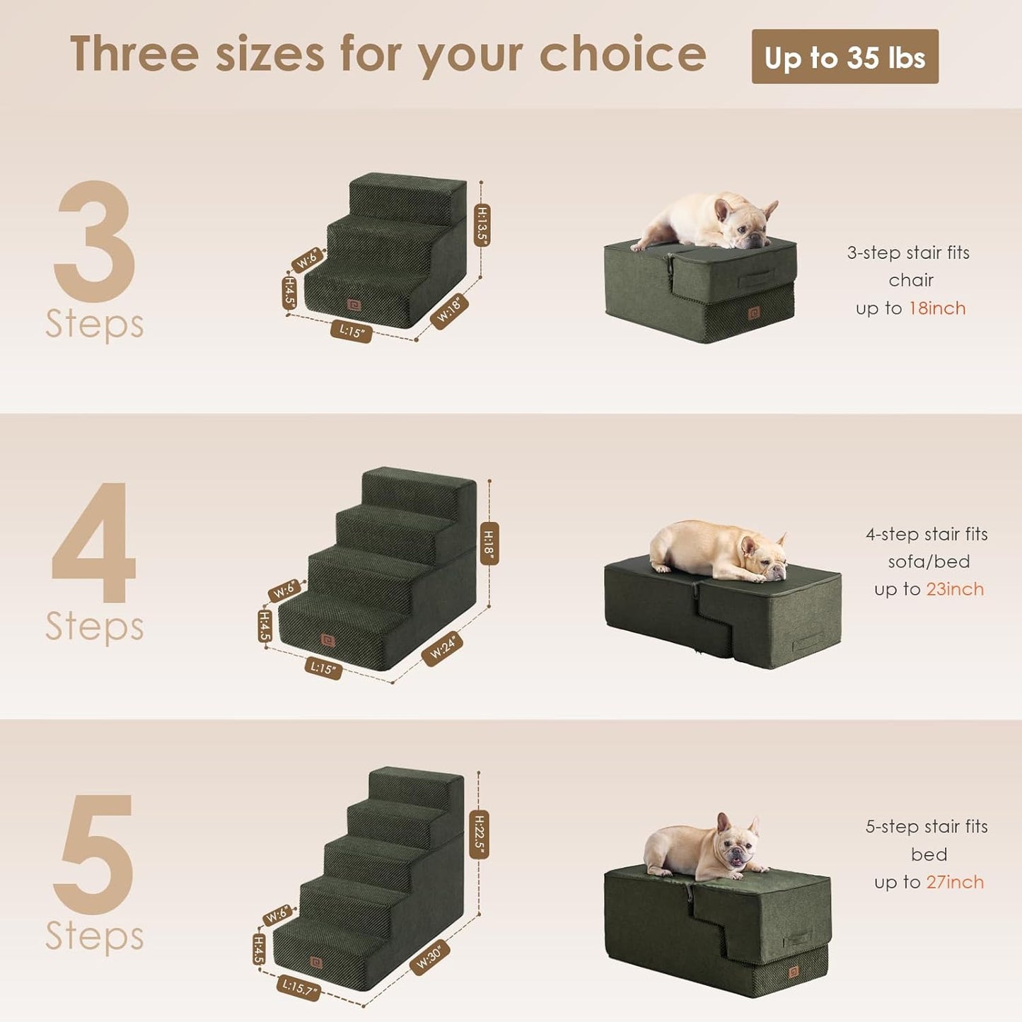 EHEYCIGA Dog Stairs for Bed 18" H, 4-Step Dog Steps for High Bed, Pet Steps for Small Dogs and Cats, Non-Slip Balanced Pet Ramp Indoor, Olive Green