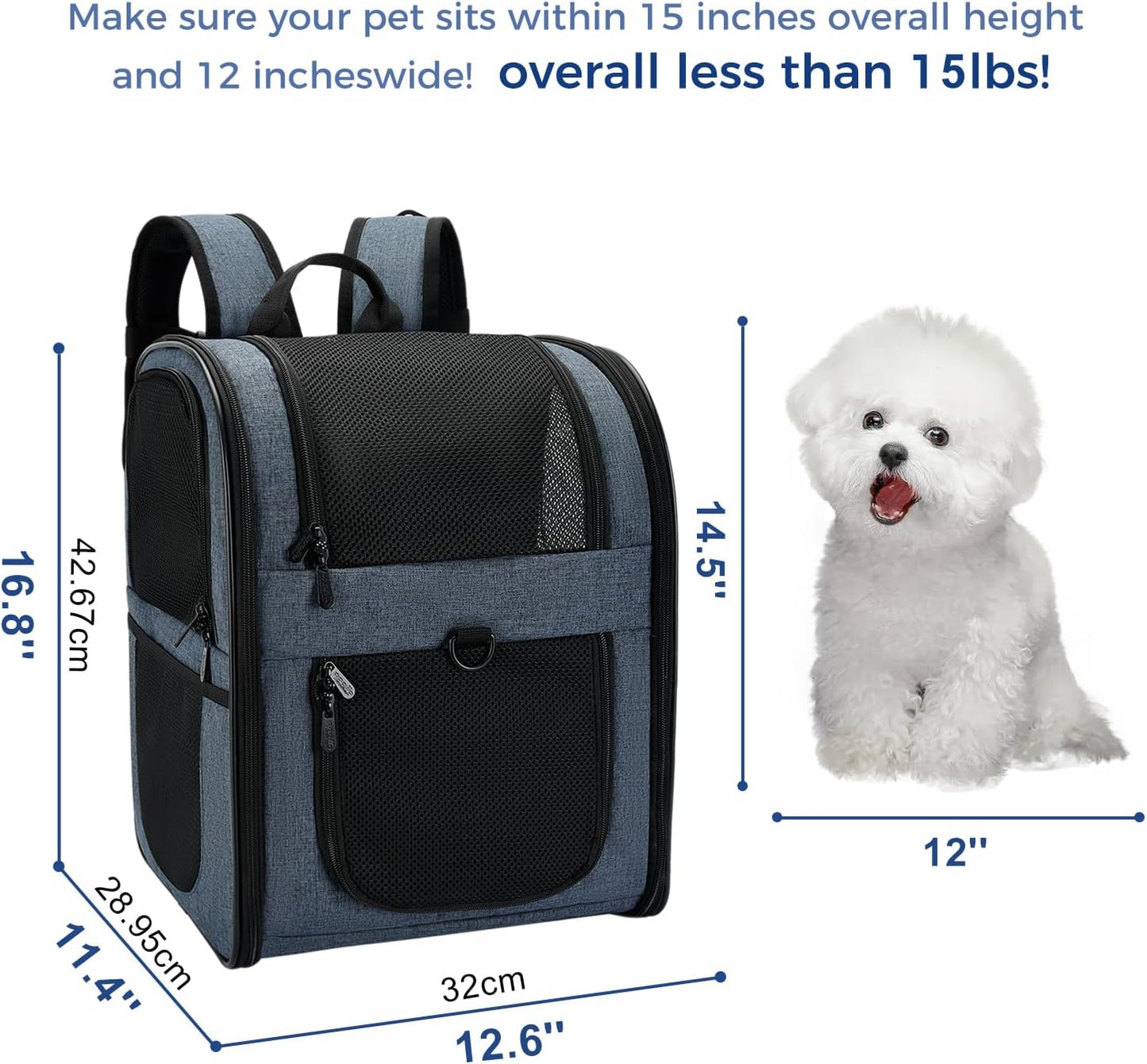 Apollo Walker Dog & Cat Carrier Backpack for 4-15lb Pets - Ventilated Safe Design with Padded Back Support, Breathable Mesh Pet Backpack for Hiking, Travel, Outdoor (Navy)