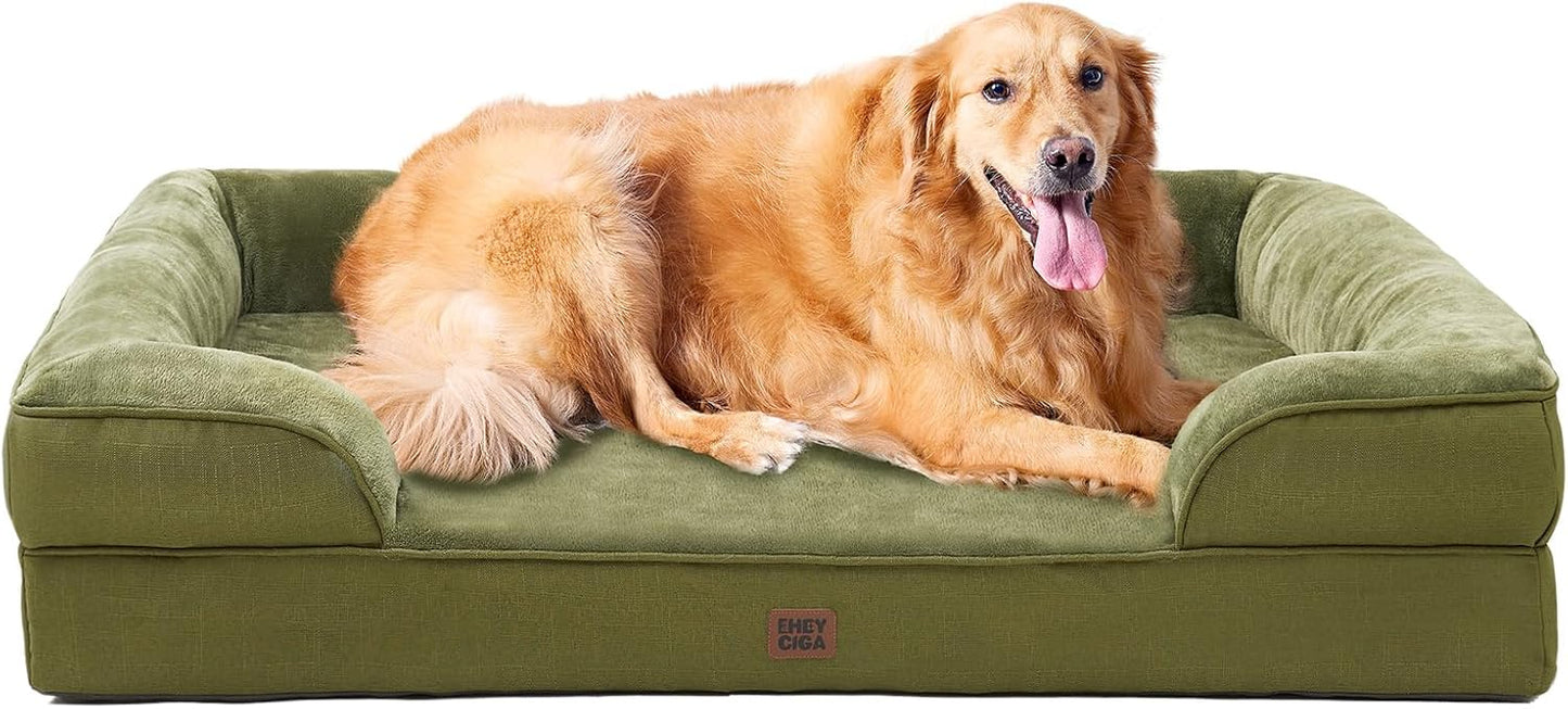 EHEYCIGA Orthopedic Dog Beds for Extra Large Dogs 44x32Inch, Waterproof Memory Foam XL Pet Bed with Sides, Non-Slip and Egg-Crate Foam Big Dog Couch Bed with Washable Removable Cover, Olive Green