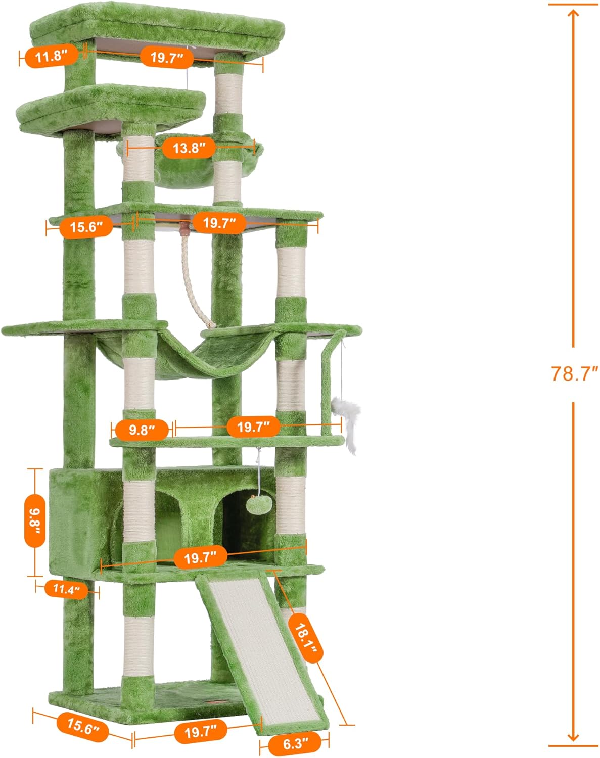 Heybly Tall Cat Tree,78 inch Multi-Level Cat Tower for Indoor Cats, 2 Widened Plush Perches Cat Condo with Scratching Board and Big Caves, Green HCT033GR
