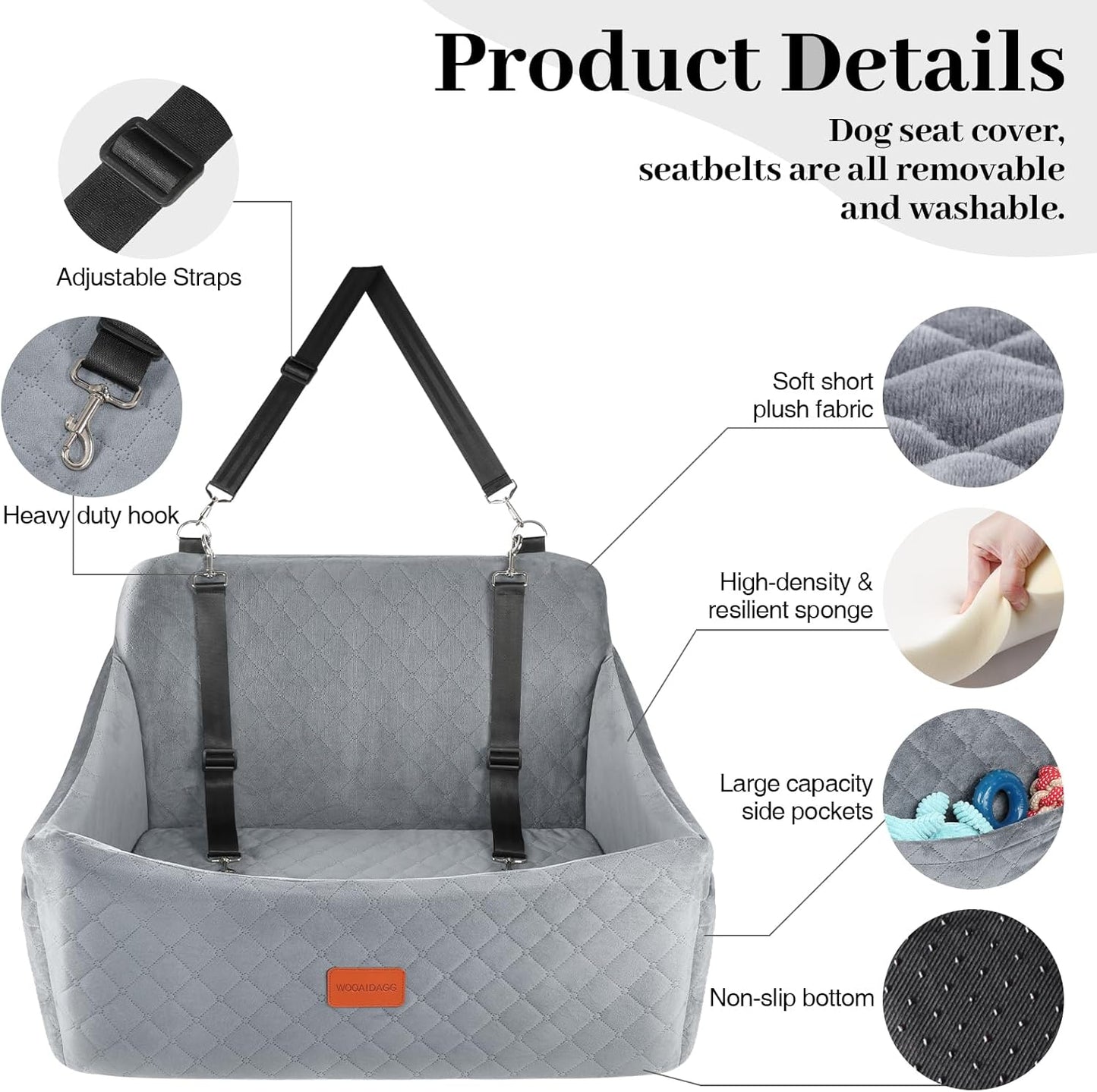 Dog Car Seat for Medium & Large Dogs Up to 55lbs, Memory Foam Cushion, Washable Cover, Safety Straps & Non-Slip Base(Grey,Large)