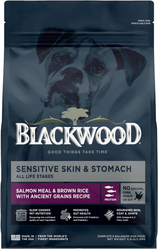Blackwood Sensitive Skin & Stomach Dry Dog Food, Salmon Meal & Brown Rice with Ancient Grains, 4.5 Pound Bag with Prebiotics & Probiotics to Promote Gut Health