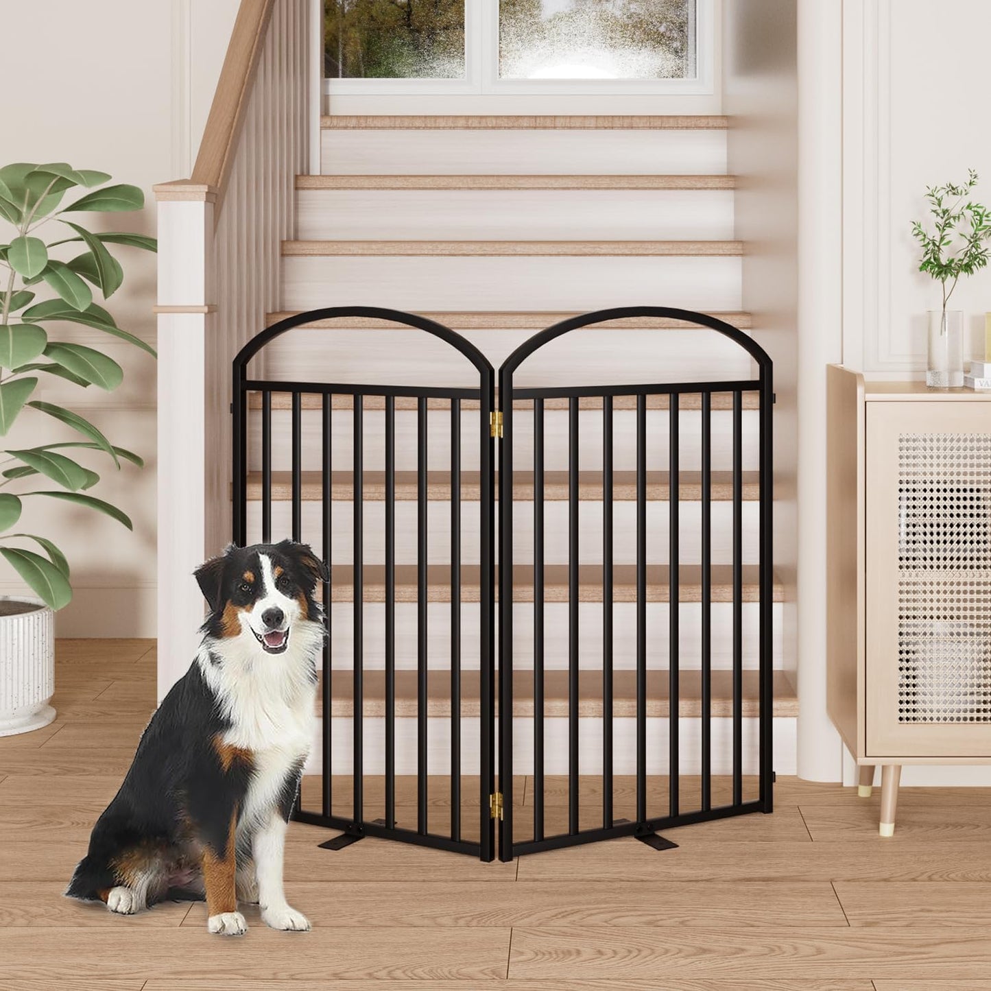 2 Panles Full Matel Freestanding Dog Gates with Door, 48"Extra Wide 36"Tall Free Standing Dog Pet Gate for Indoor & Outdoor. Foldable Pet Fences for Doorways, House, Stairs, Porch, Deck, Yard
