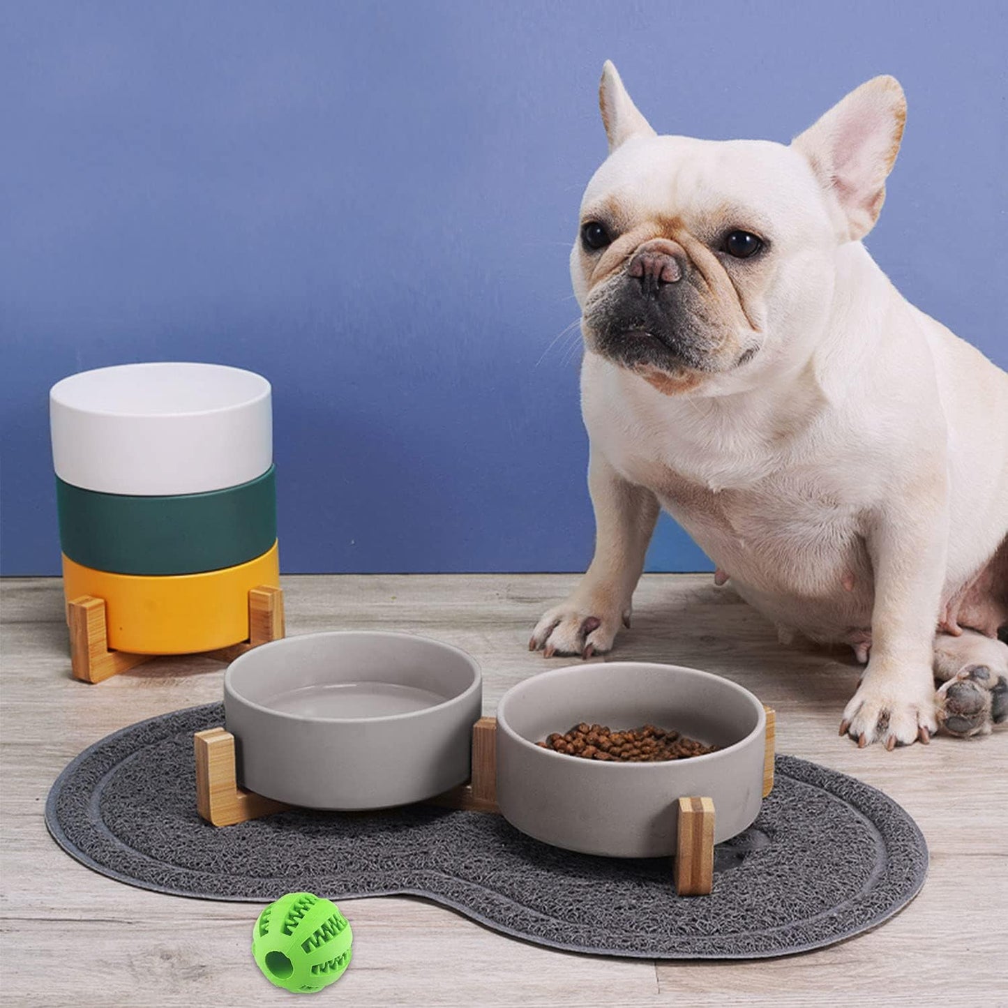 Petygooing Ceramic Dog Bowl Set with Wood Stand, Grey, 13.5OZ/5.1 in, Suitable for Cats & Small Dogs
