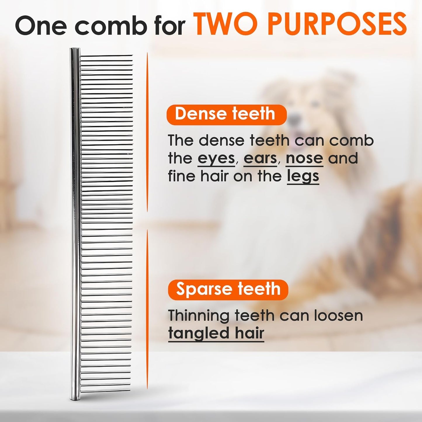 Dog Comb to Remove Tangles and Knots, Cat Comb with Stainless Steel Teeth and Non-Slip Handle, Dog combs for grooming matting for Long Haired Pets (Large)