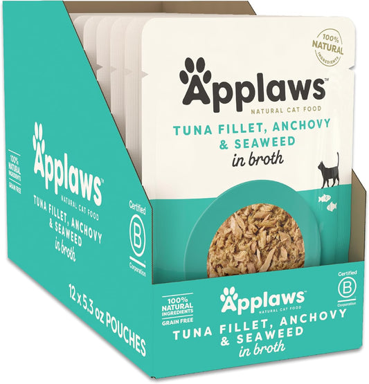 Applaws Natural Wet Cat Food in Broth, Limited Ingredient Wet Cat Food Pouches, No Additives, Made with Natural Ingredients, Tuna Fillet with Anchovy & Seaweed in Broth (12 x 5.3oz Pouches)