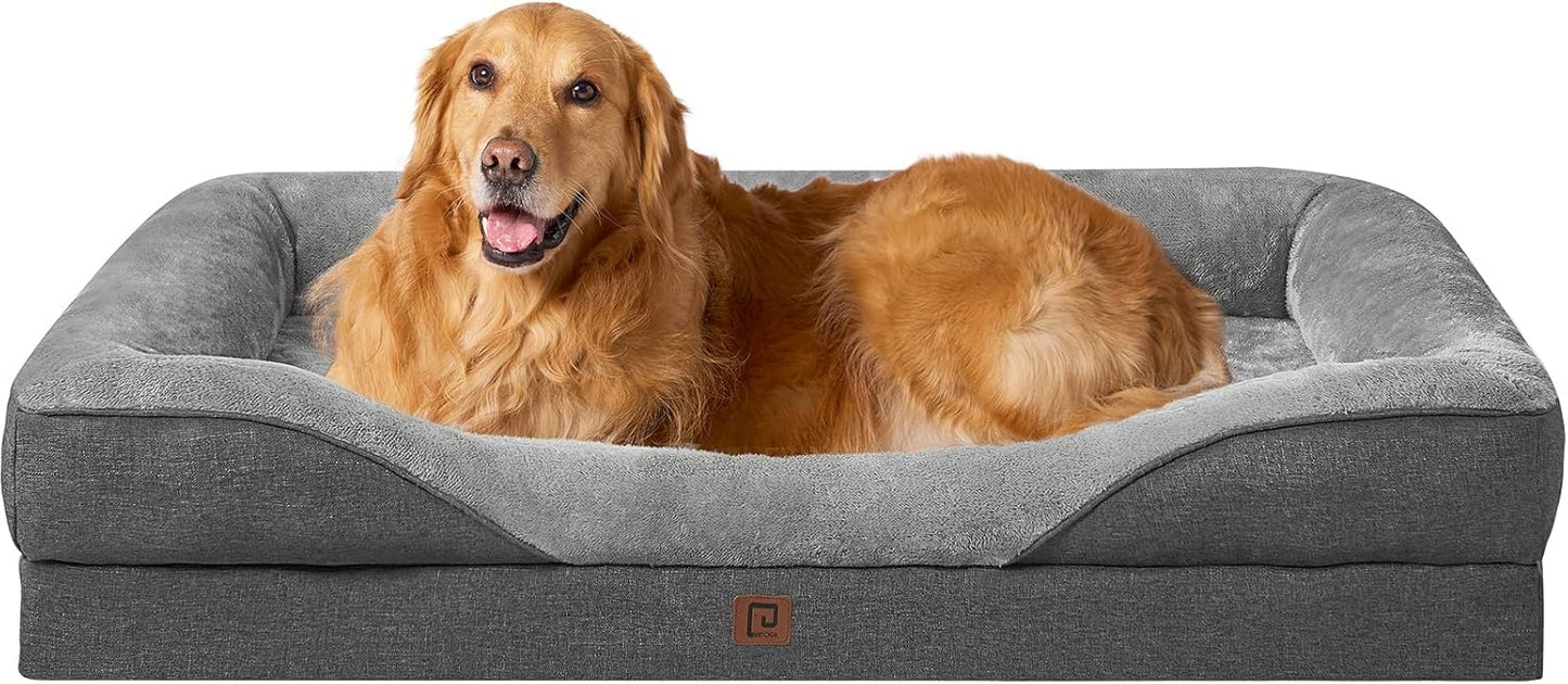 EHEYCIGA Memory Foam XL Dog Bed for XLarge Sized, Extra Large Orthopedic Dog Sofa with Sides and Waterproof Liner, Washable Bolster Pet Bed Couch with Removable Cover, 42x30x7.5 Inch, Grey