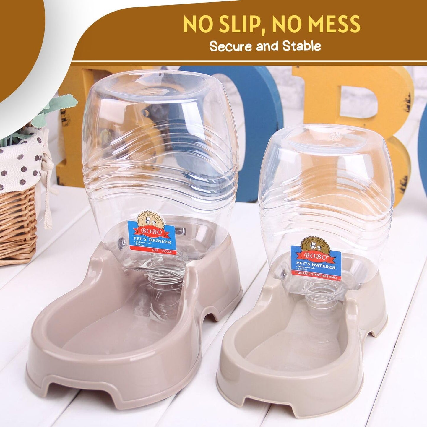 Flexzion Automatic Gravity Pet Waterer for Cat & Dog - Non-Skid & Easy-Clean Auto Replenish Water Dispenser Drinking Bowl (1/4 Gallon/ 900ml), Beige