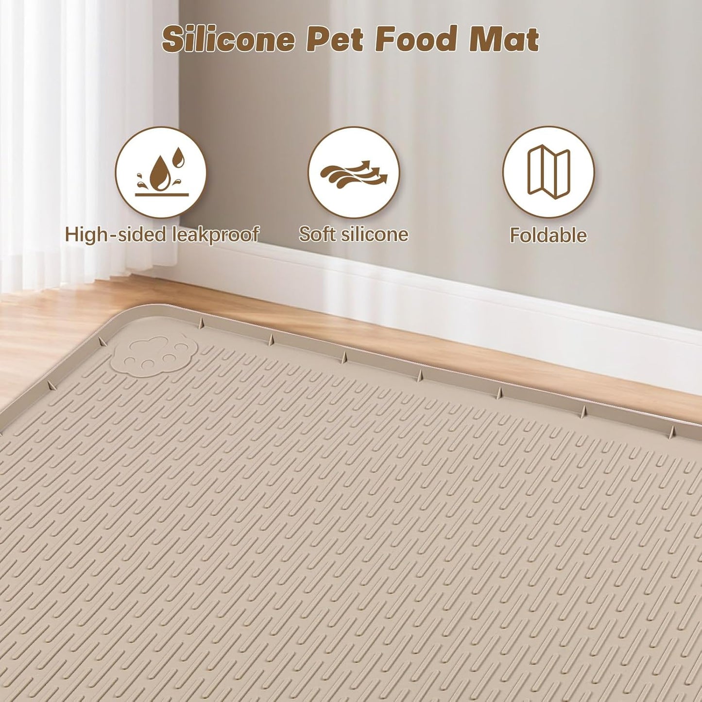 Cat Food Mat, 40" x 28" Extra Large Silicone Pet Feeding Mat with Raised Edge Pet Placemat for Food and Water Bowl Non-Slip, Easy to Clean, Floor Protection (Khaki)