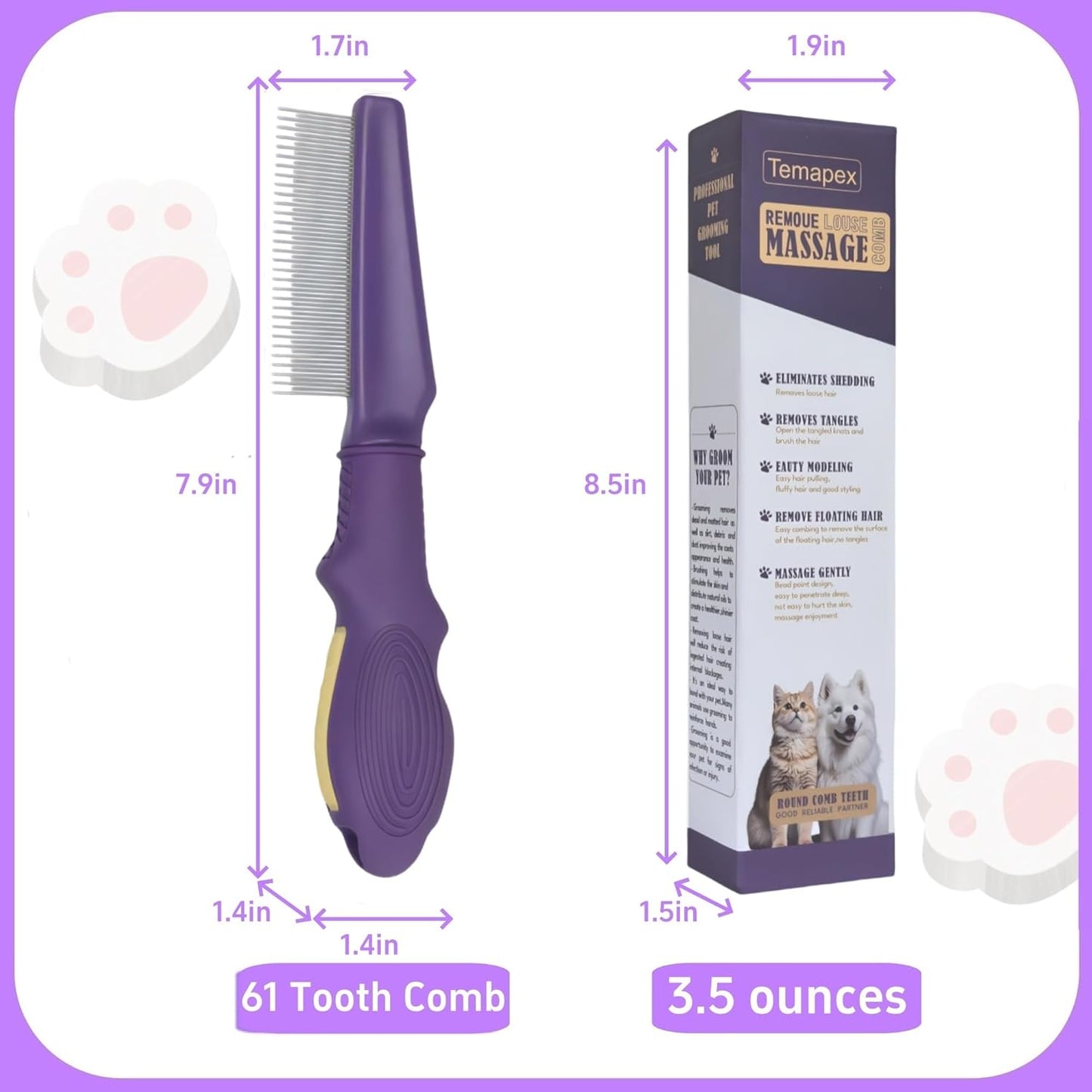 Pet Comb for Dogs & Cats with Long & Short Stainless Steel Metal Teeth For Shedding and Tangles, Non-Slip & Anti-Static Rubber Handle, Safe & Gentle Pet Grooming Comb