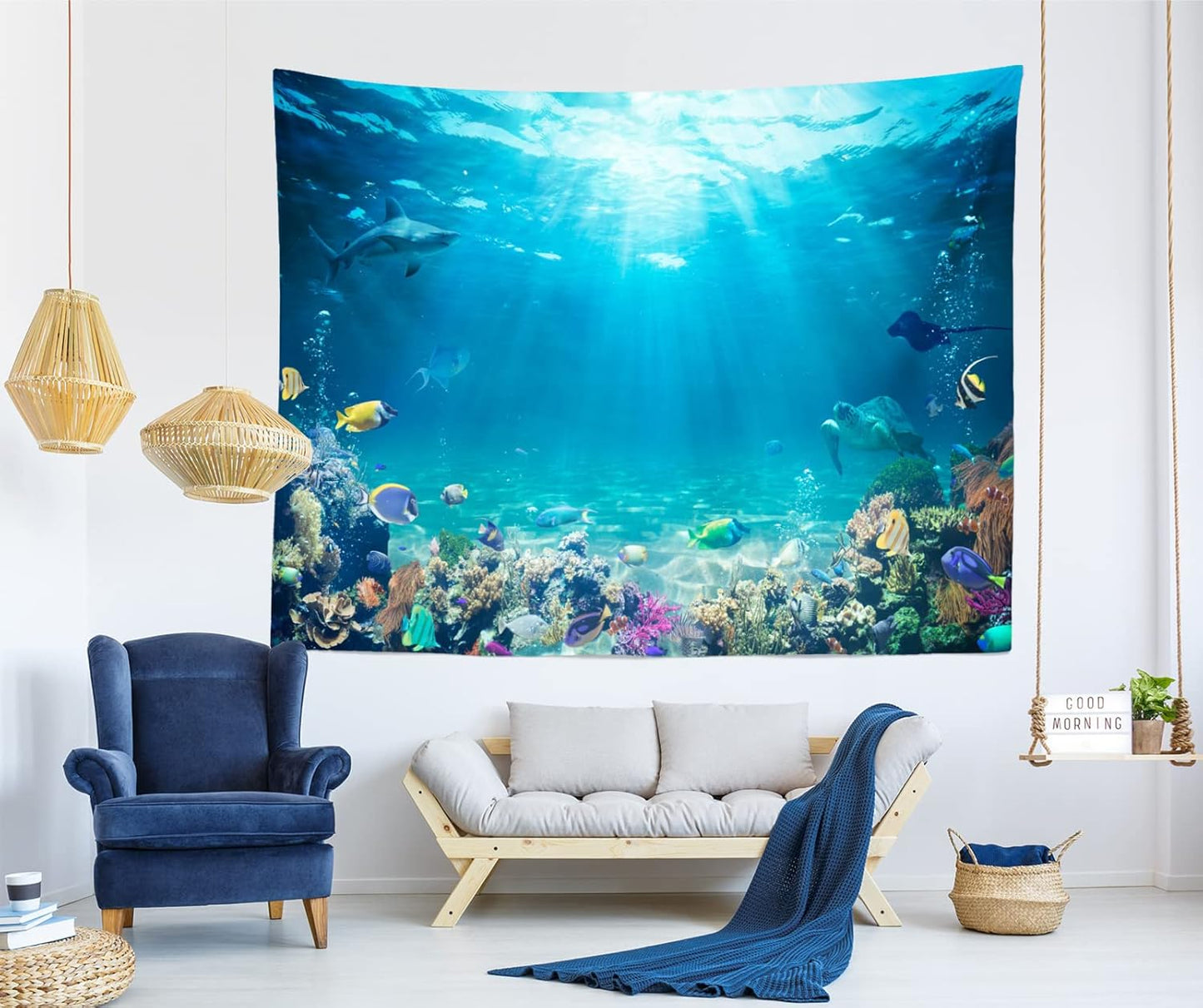Loccor Underwater World Tapestry Blue Ocean Wall Hanging Under the Sea Coral Reef Wall Tapestry 140x98 Inches Tropical Fish Tank Undersea Tapestries Marine Wall Art for Bedroom Living Room Dorm Decor