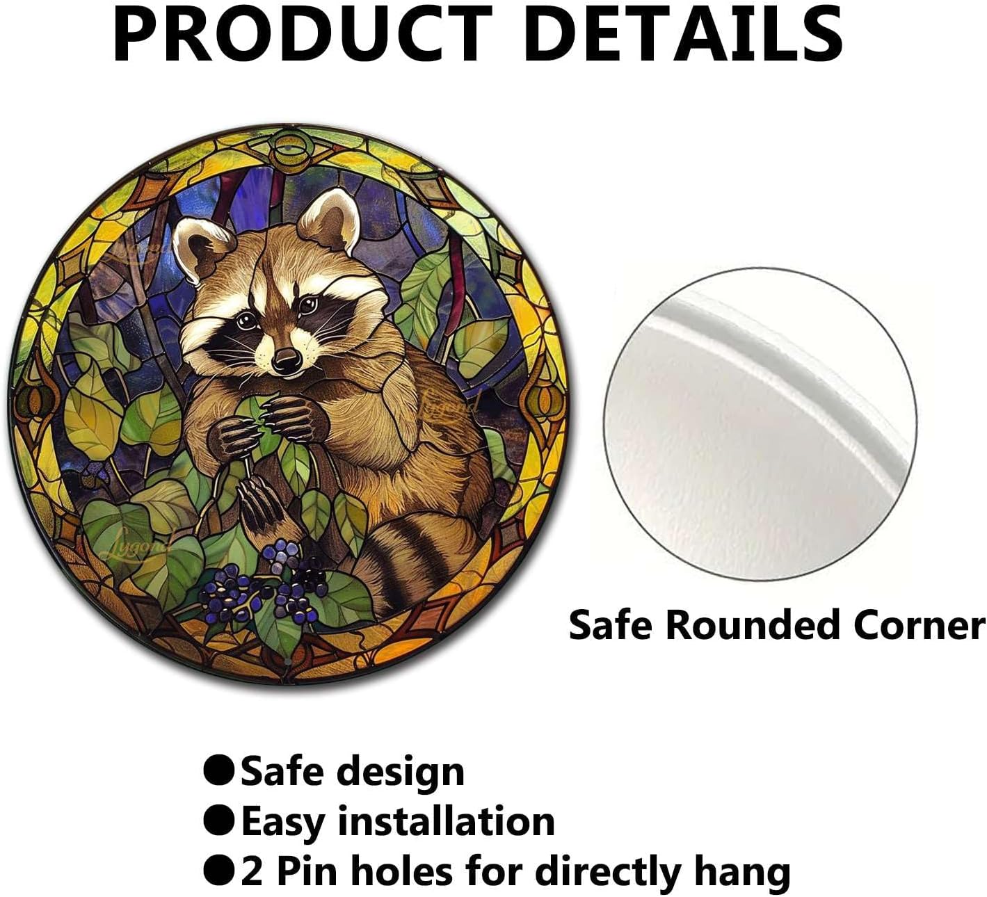 Lygond Metal Sign Tin Sign Circular Stained Glass Raccoon Minimalist Wall Art for Club 8×8 Inches