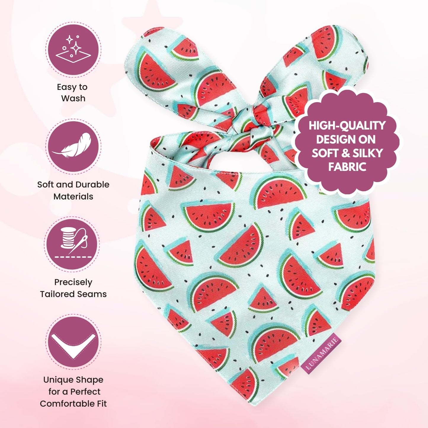 LunaMarie - Luxury Dog Bandanas - Cute Watermelon Design | Premium & Soft Fabric | 100% Handmade Custom Adjustable Shape Dual Layered Small, Medium, Large Cat Scarf (Watermelon, Large)