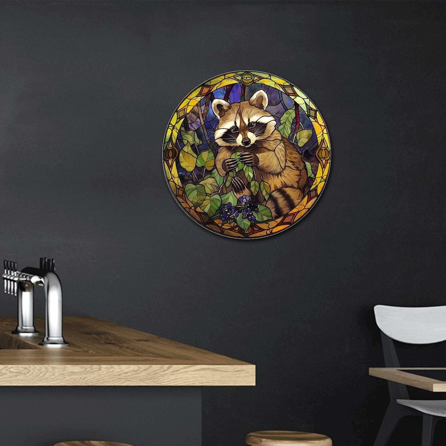 Lygond Metal Tin Sign - Circular Stained Glass Raccoon - Pub Sign - 1212 Inches