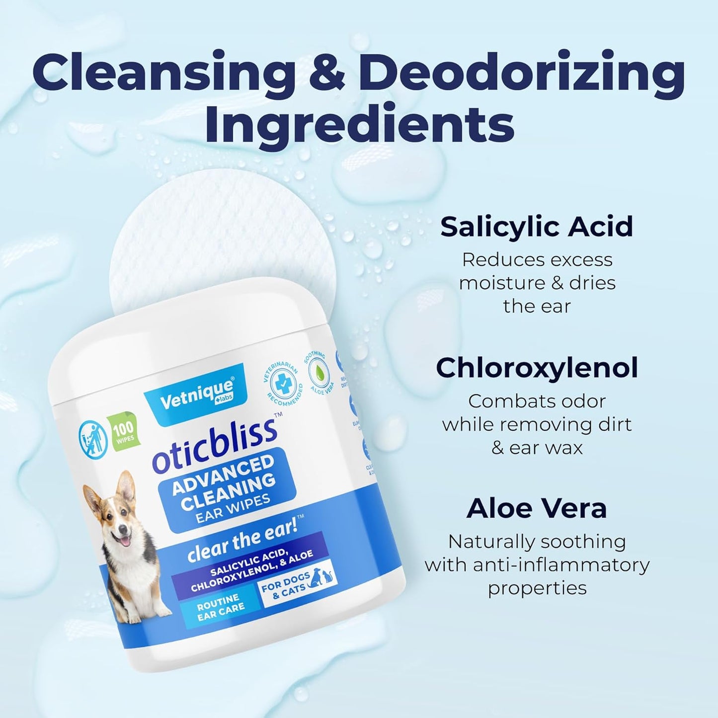 VETNIQUE Oticbliss Advanced Cleaning Ear Wipes for Dogs & Cats for Odor Control, Dirt and Wax Removal with Soothing Aloe Vera, Drying Agent and Vitamin E, Clear the Ear 100ct Wipes