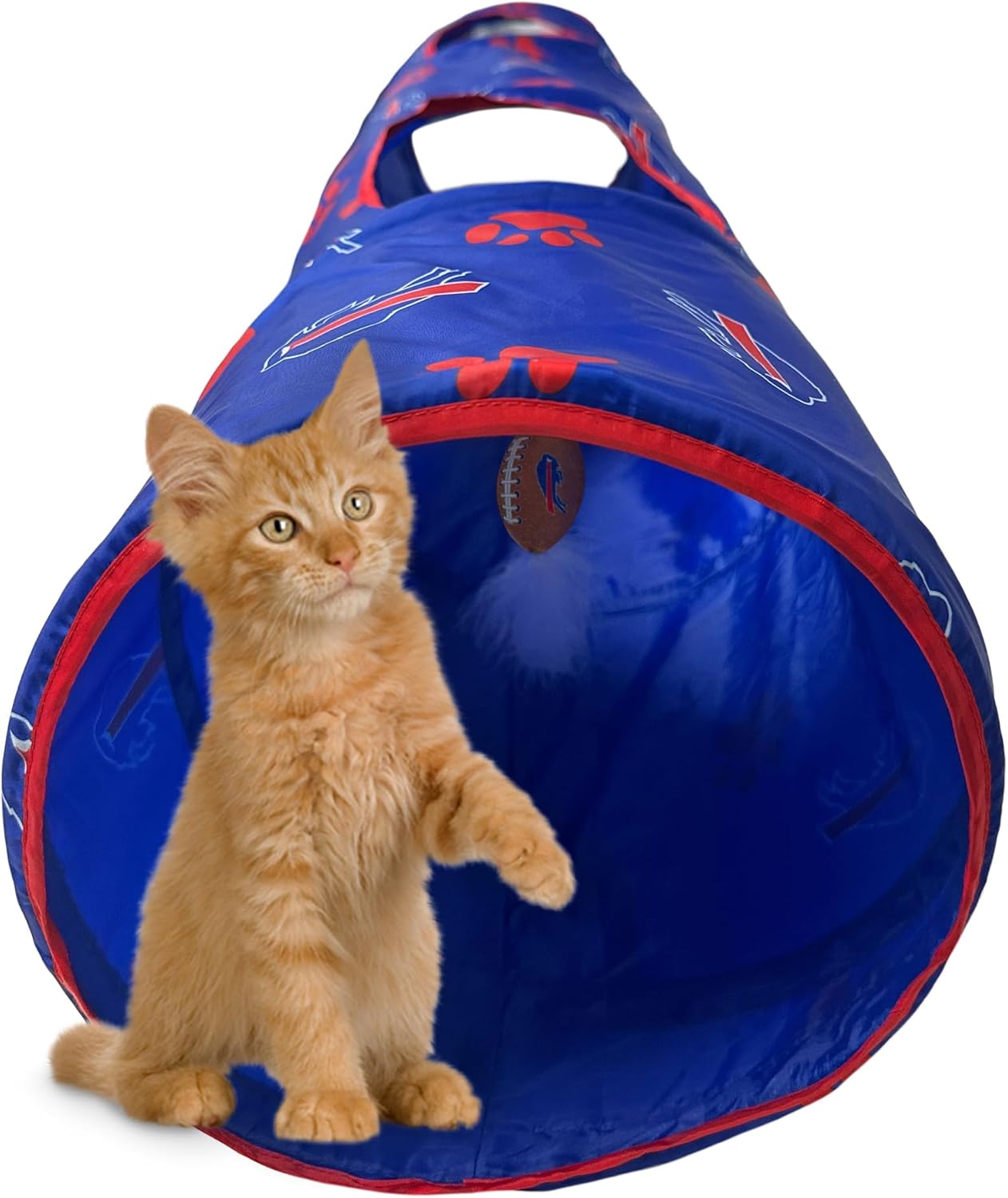 NFL Buffalo Bills Cat Tunnel Tube Toy with Plush Football Catnip and Feathers Collapsible Tunnel for Cats to Play, Peek and Hide, Sporty & Fun Cat Tunnel Toy with Team Logo All-Over Design!