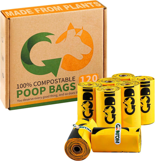 Certified 100% Compostable Poop Bags for Dogs, 120 Count Guaranteed Leak Proof and 18 Microns Extra Thick Dog Waste Bag, 18 Rolls of Plant Based Doggie Poop Bag, No Scented with ASTM D6400 & EN13432
