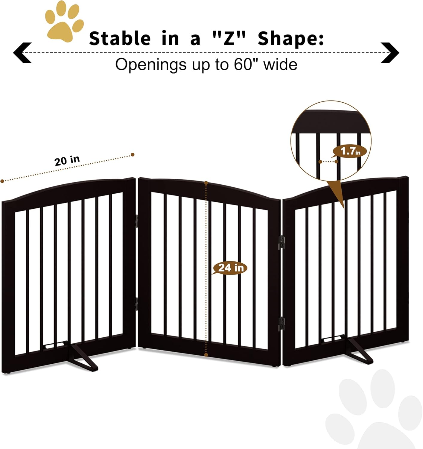 Freestanding Pet Gate for Dogs, Foldable Wooden Dog Gate for House, Indoor Dog Gate for Doorways, Stairs, Gates for Dogs Indoor, Support Feet Included, 24" Height 3 Panels, Brown