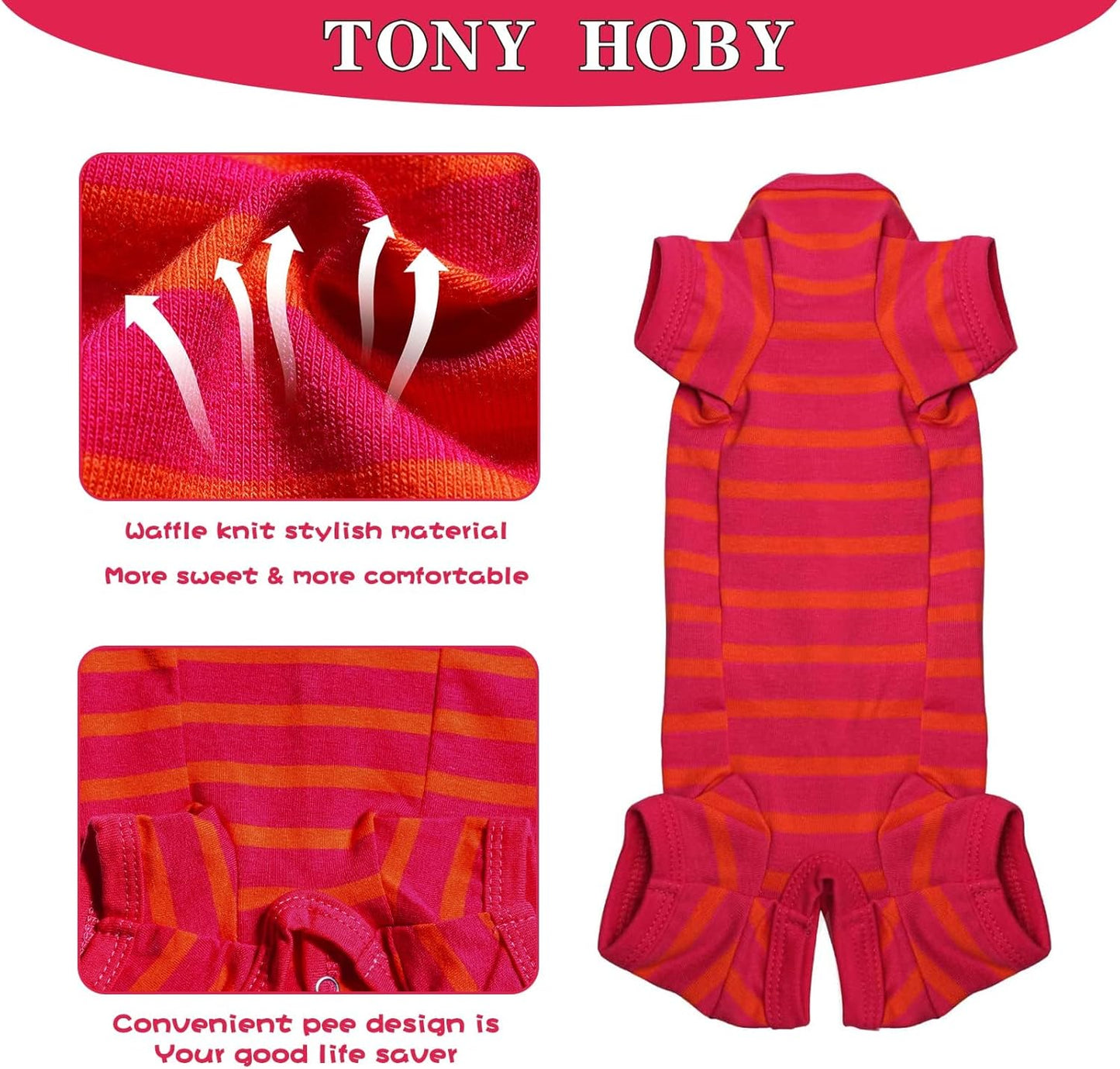 TONY HOBY Dog Pajamas, Female/Male Dog 4 Legged Pajamas, Soft Cotton Dogs Jumpsuit with Stripes (Rose Red&Orange, Girl, S)