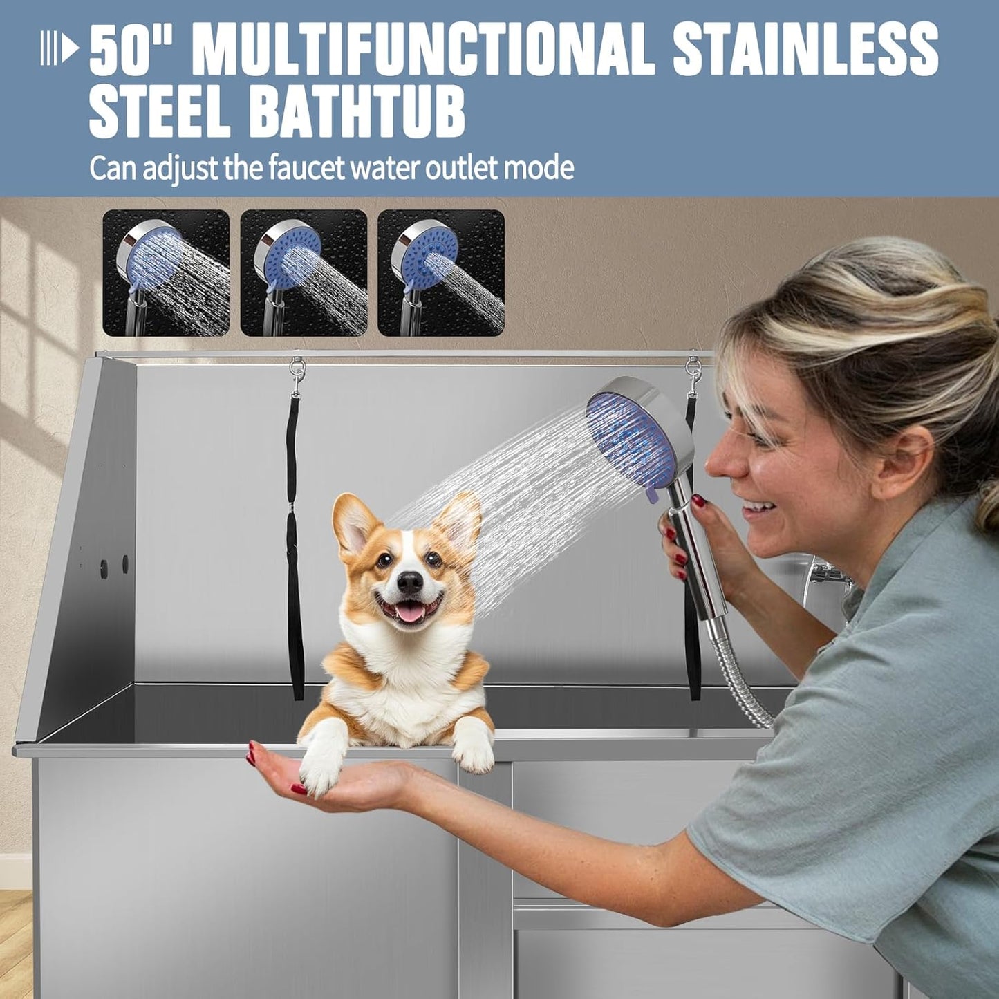 50" Pet Dog Bathing Station W/Stairs, Professional Stainless Steel Dog Grooming Tub W/Soap Box, Faucet,Rich Accessory, Dog Bathtub for Large,Medium,Small Pets, Washing Sink for Home (50" Right ramp)