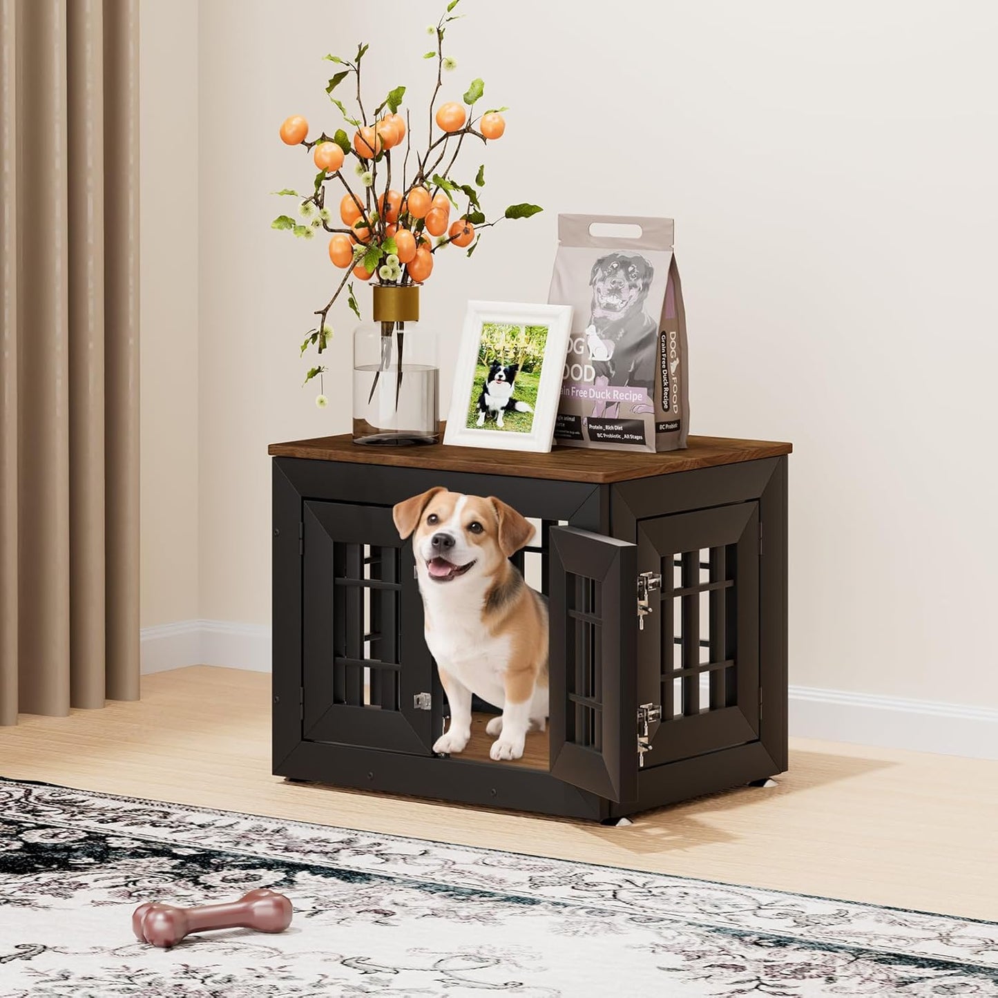 26" Heavy Duty Dog Crate Furniture for Small,Medium and Large Dogs,Rustic Wooden Dog Cage Kennel Indoor Furniture with Waterproof Top,Decorative Pet House Side End Table (Black & Wood)