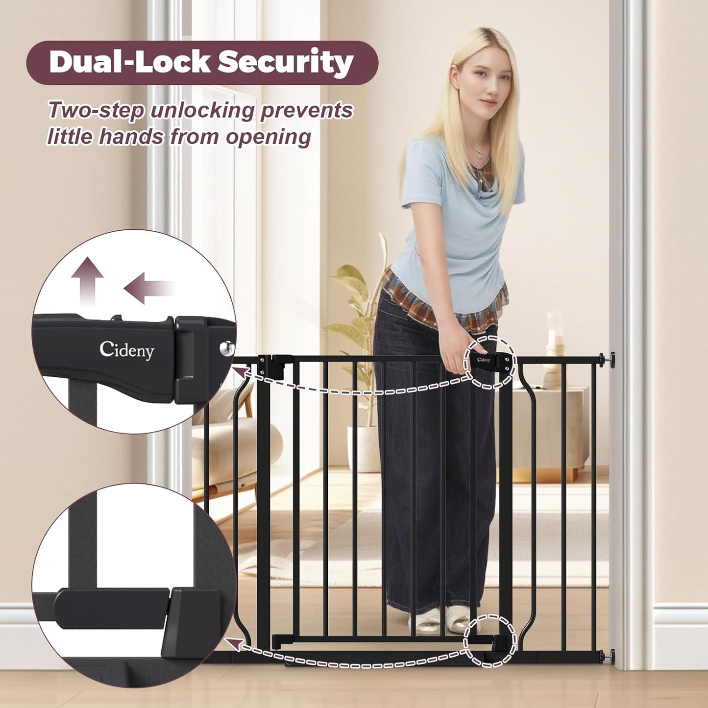 29"-40" Baby Gate for Stairs, Auto Close Stroller Friendly Dog Gate Indoor for Doorways, Pressure Mounted Baby Gate, Easy Walk Through Gate for Children & Pets, Black
