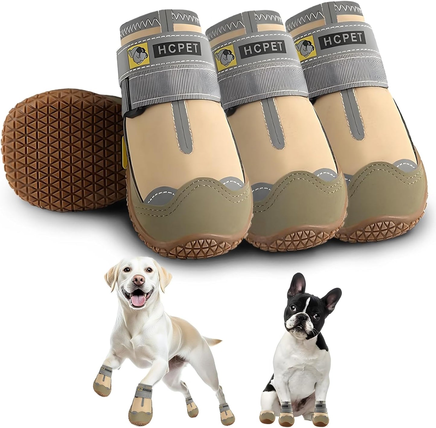 Hcpet Dog Shoes for Large Dogs, Waterproof Dog Booties for Small Medium Dogs, Anti-Slip Dog Boots & Paw Protectors for Hot Pavement Winter Snow Hiking with Reflective Straps Khaki Size 2
