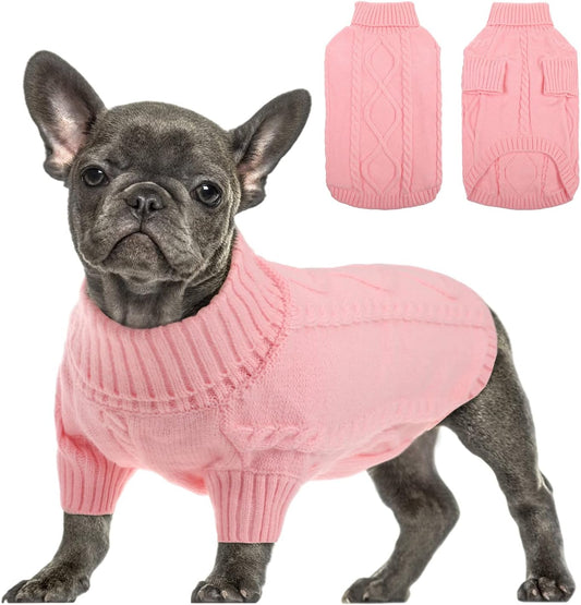 Queenmore Small Dog Pullover Sweater, Cold Weather Cable Knitwear, Classic Turtleneck Thick Warm Clothes for Chihuahua, Bulldog, Dachshund, Pug, Yorkie (Pink, X-Small)