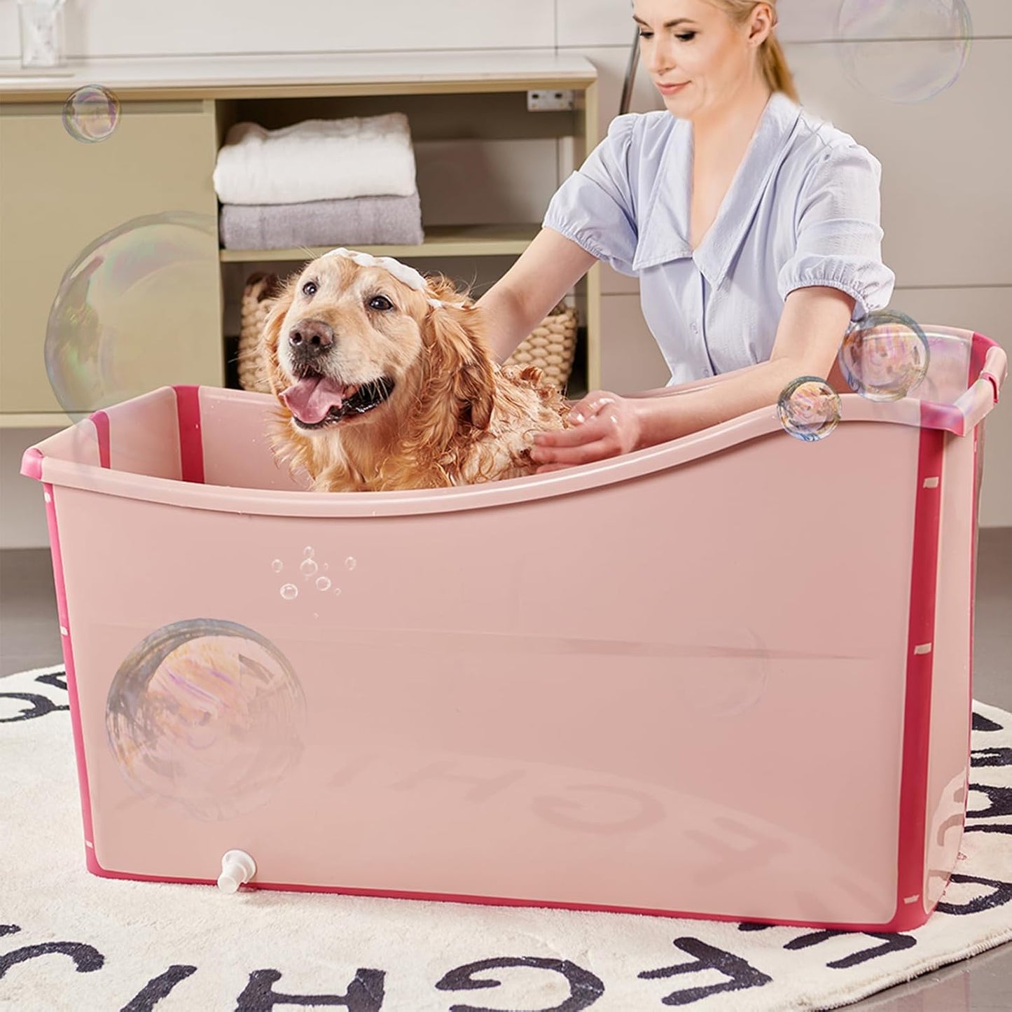 Portable Dog Bathtub for Large Dogs - 48.4Gal Foldable Pet Wash Station with Drain Plug, Insulated & Non-Slip Design for Indoor/Outdoor Bathing, Grooming, Camping（Pink）