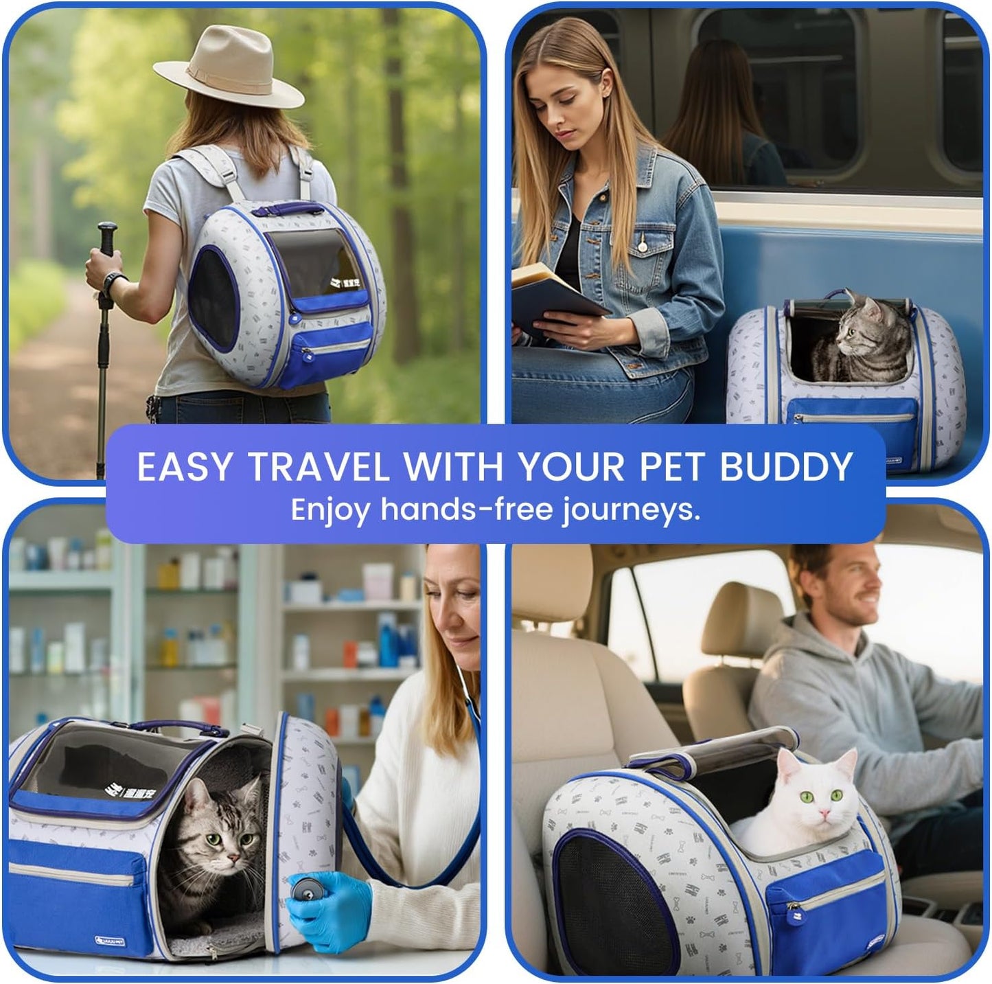 Cat and Dog Backpack Carrier, Foldable Breathable Pet Carrier Backpack with Mesh Ventilation, Large Portable Outing Traveling Pet Bag for Small, Medium Cats, Small Dogs, Blue