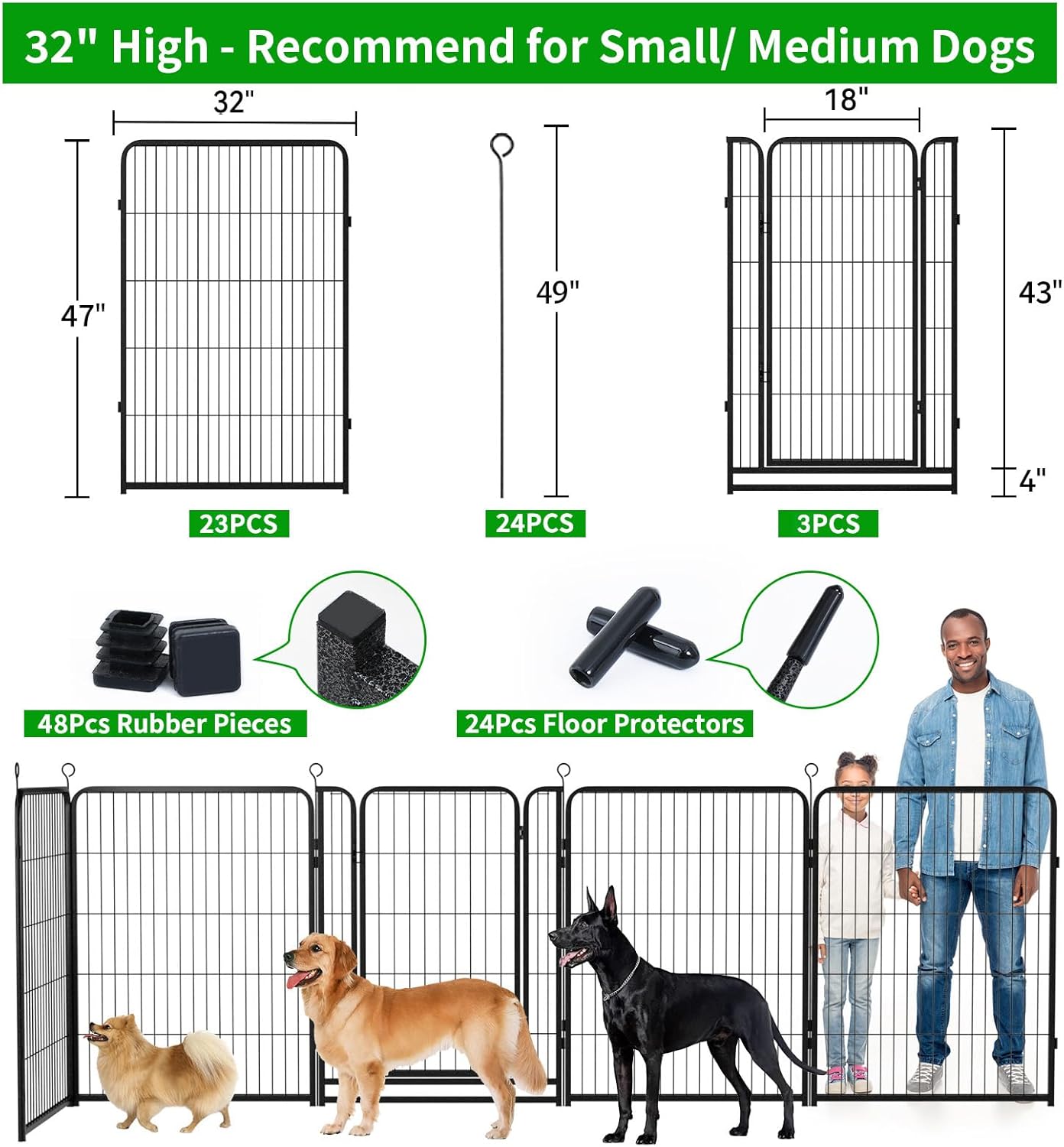 Dog Playpen Outdoor Extra Wide 24 Panels Heavy Duty Dog Fence 47" Height Anti-Rust with Doors Portable for RV Camping Yard, Total 63FT, 316 Sq.ft, Snowy Black