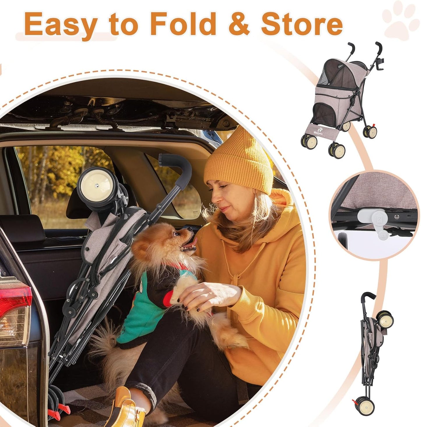 Umbrella Dog Stroller, 4 Wheels Pet Strolling, Foldable Carrier Pet Stroller for Small Dogs Cats, with Carrying Strap and Cup Holder, Dog Poop Bags & Dispenser, Up to 33 lbs, Coffee