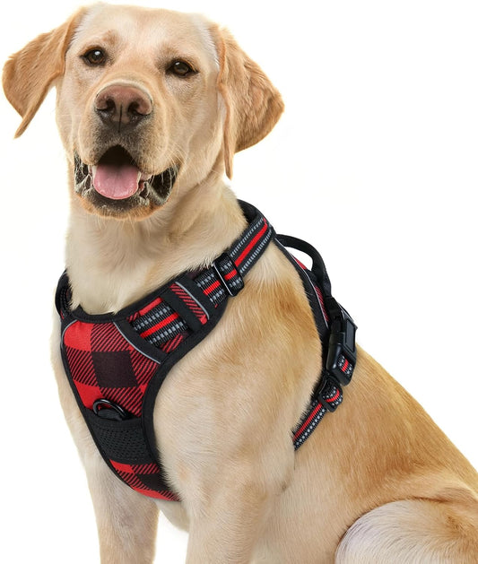 rabbitgoo Dog Harness No Pull with 2 Leash Clips, Adjustable Soft Padded, Reflective Oxford No Choke Pet Vest with Easy Control Handle for Large Dogs, Red Plaid, L
