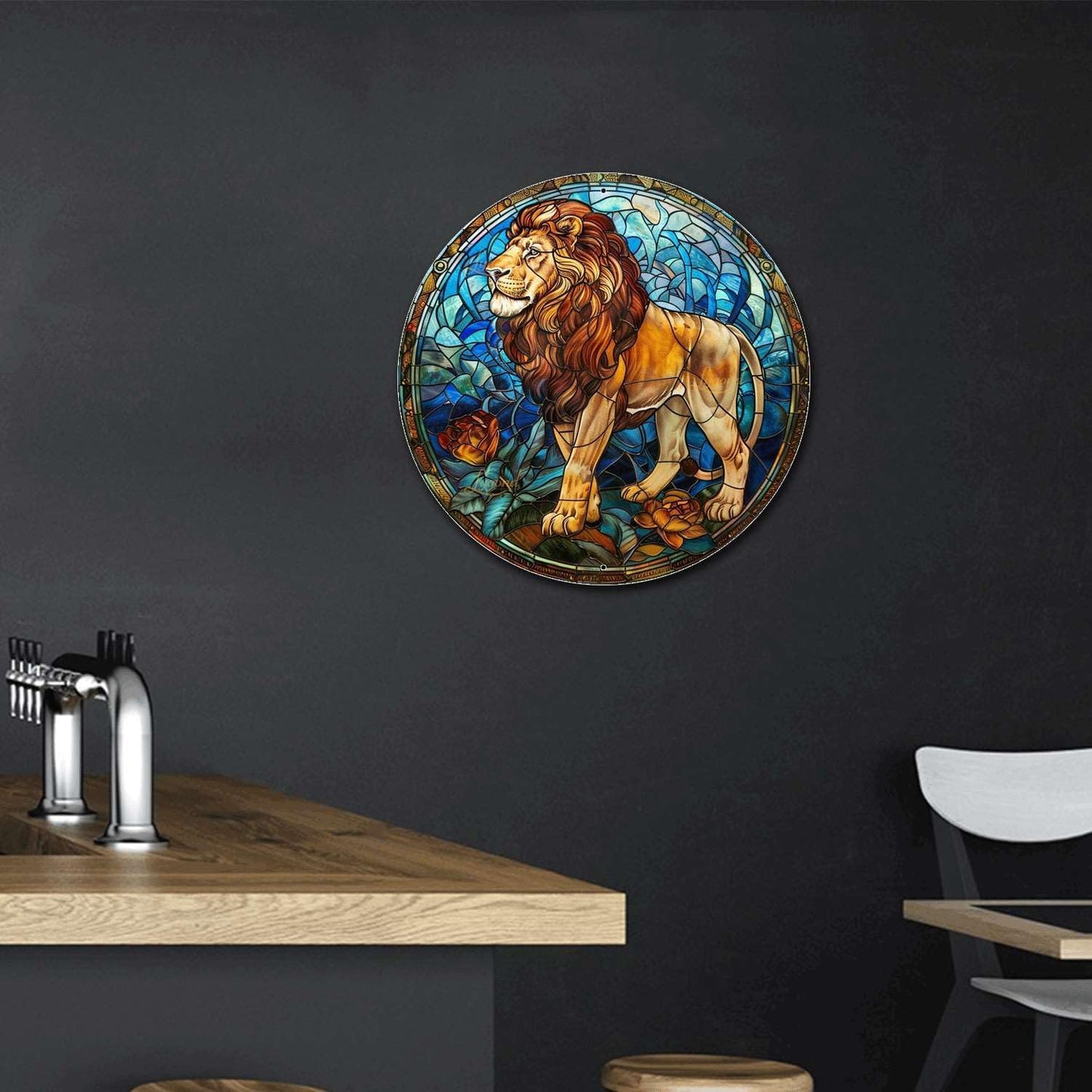 Lygond Metal Sign Tin Sign Circular Stained Glass Lion Metal Sign for Home Decor 8×8 Inches
