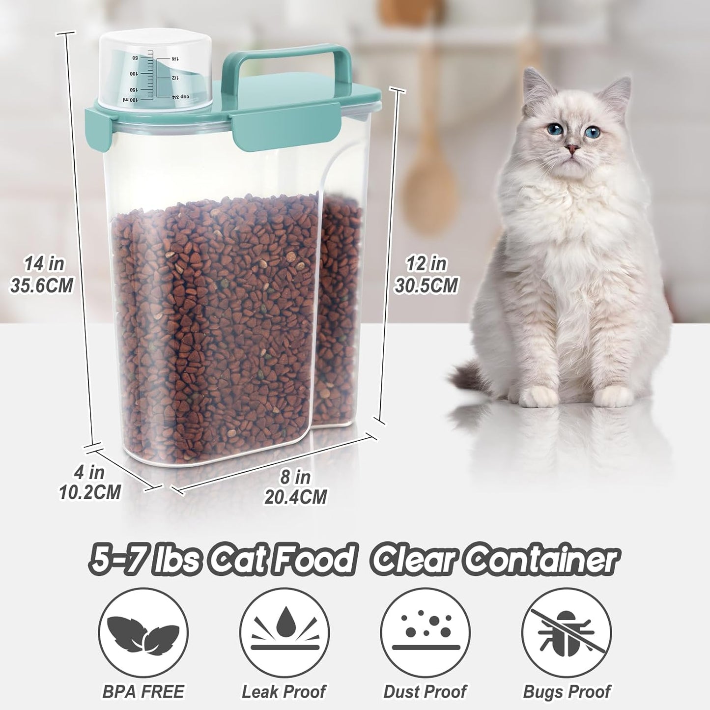 5-7Lbs Dog Cat Food Storage Container with Upgraded Large Nozzle BPA-free, 4 Snap Seals Plastic Pet Food Storage Containers with Handles (1, Elegant Blue, 5L)