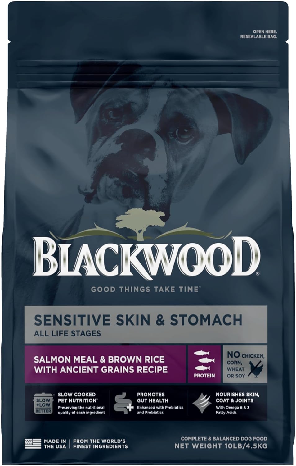 Blackwood Sensitive Skin & Stomach Dry Dog Food, Salmon Meal & Brown Rice with Ancient Grains, 10 Pound Bag with Prebiotics & Probiotics to Promote Gut Health