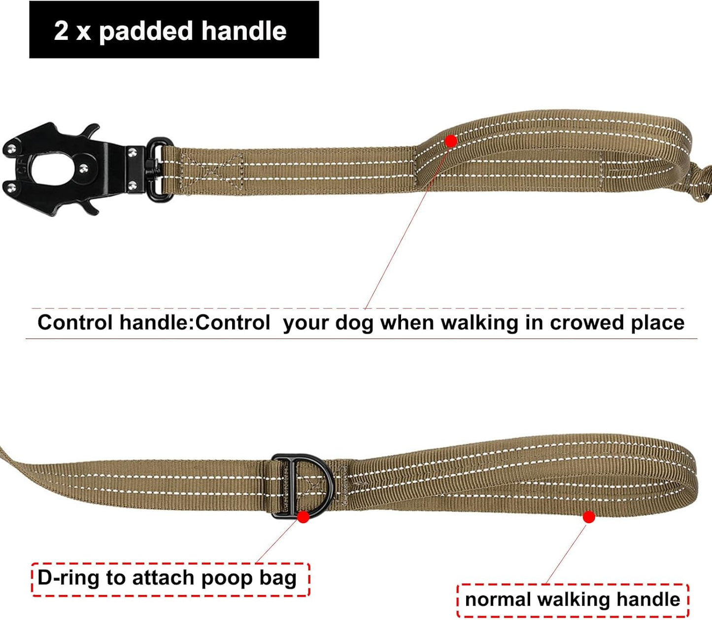ICEFANG Tactical Dog Leash,K9 Training Walking Bungee Lead with 2 Control Handle,Heavy Duty Quick Release Metal Clasp,Hands Free D-Ring for Medium Large Dogs (6ft,Reflective Brown)