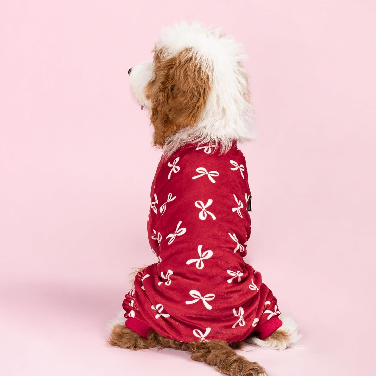 Fitwarm Bowknot Dog Pajamas, Warm Clothes for Small Dogs Girl, Fleece Pet Onesie with Feet, Burgundy Red, White, Medium