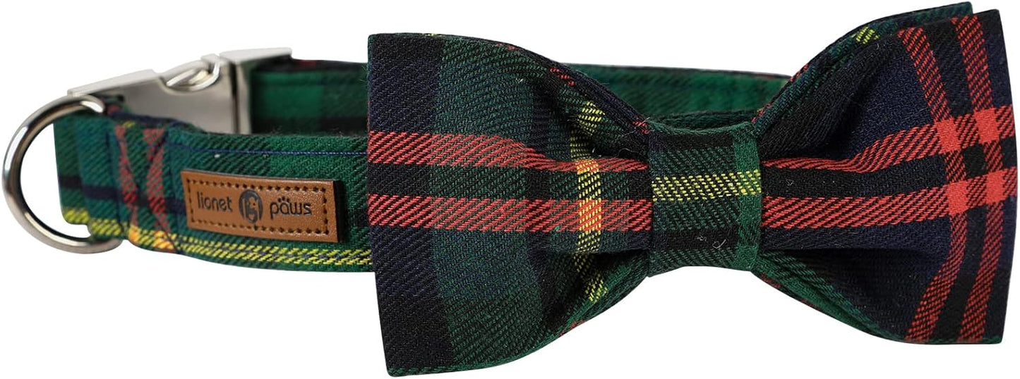 Lionet Paws Christmas Dog Collar with Bowtie Durable Adjustable Handmade Comfortable Bowtie Dog Collar Green with Metal Buckle for Small Dogs,Girl Boy,Party,Festival,Holiday Style,Neck 10-16in
