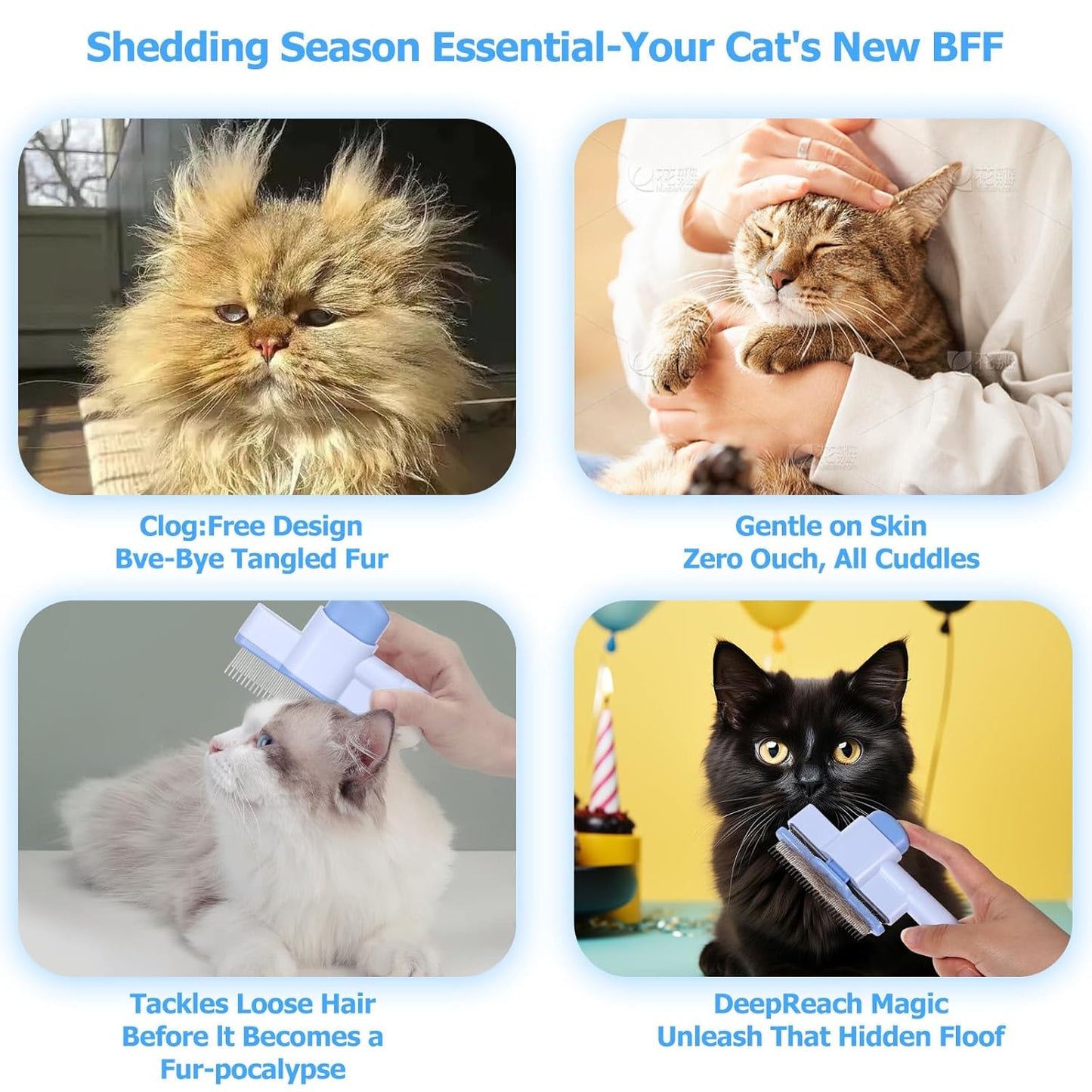 Zen Brush for Cats: Cat Flea Comb & Dematting Comb for Cats - Self-Cleaning Pet Hair Removal Tool with Long & Short Stainless Steel Teeth, Blue Pink