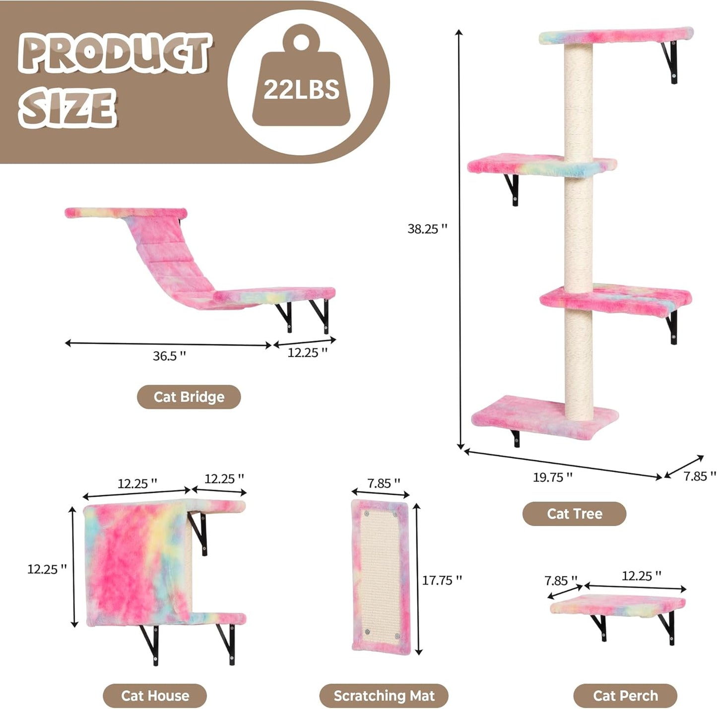 COZIWOW Wall Mounted Cat Furniture, Cat Wall Shelves and Perches, Floating Cat Shelves for Wall Set of 5 (Colorful)