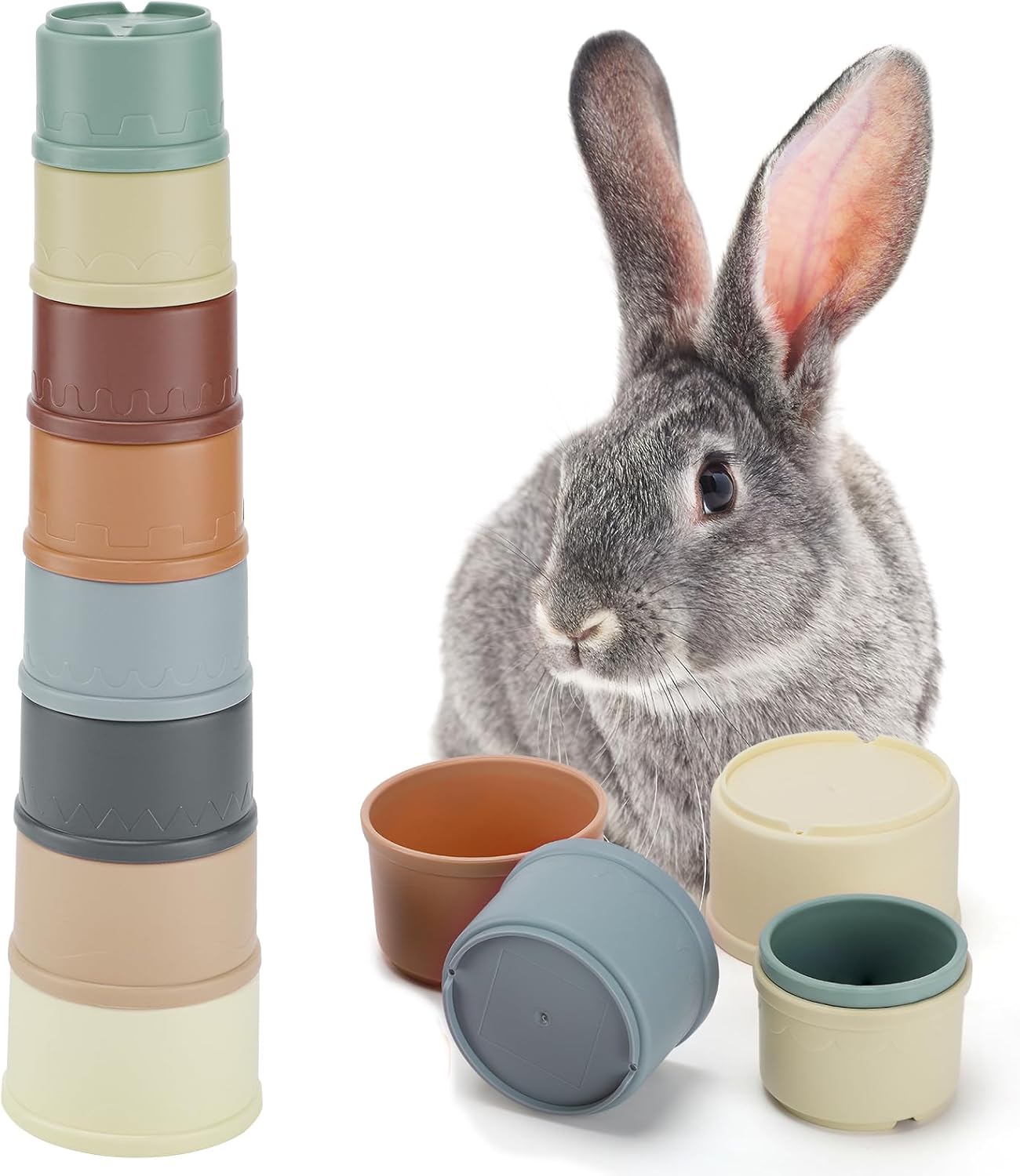 MEWTOGO 8 Pcs Stacking Cups for Bunny - Multi-Colored Reusable Rabbits Bunny Toys of Different Sizes, Safe Plastic Nesting Toys for Guinea Pig Hamster Gifts Hiding Food and Playing