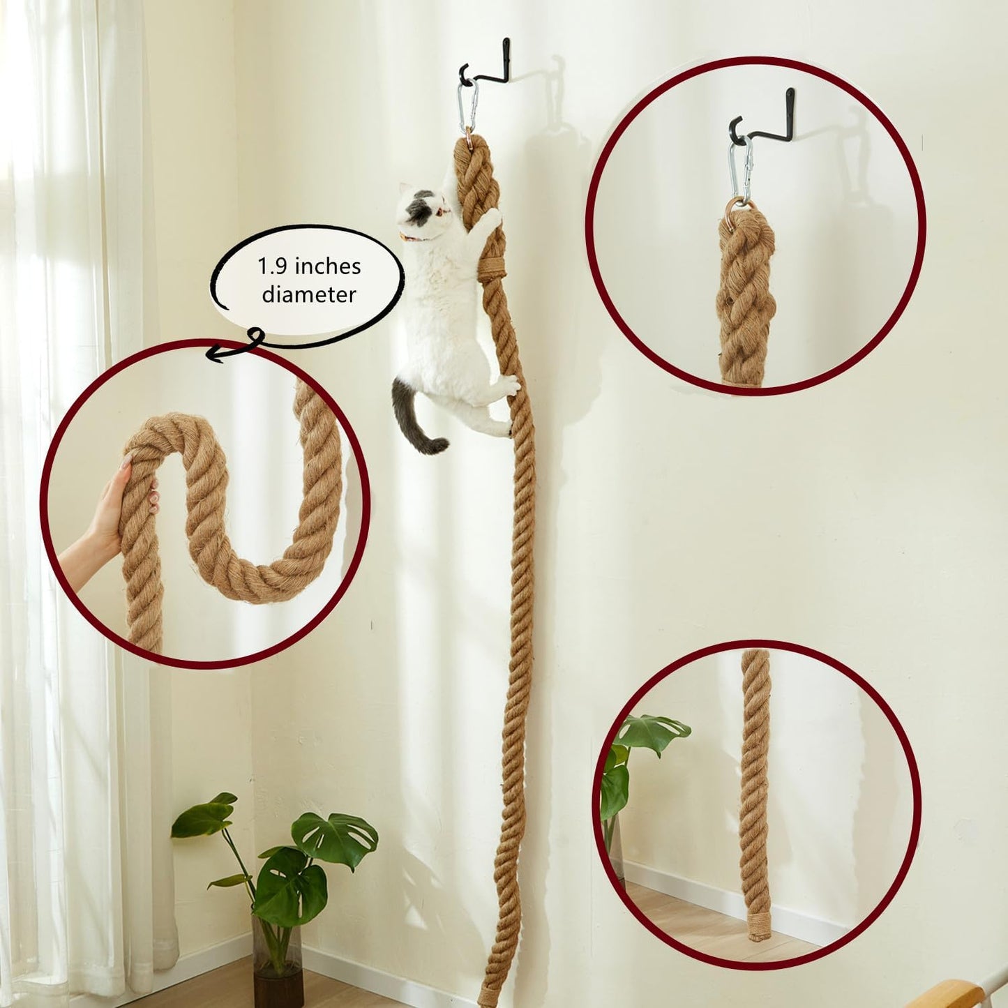 SHENGOCASE 1.9" x 6.56Ft Cat Climbing Jute Rope with Hook, Wall Mounted Furniture for Indoor and Outdoor Cat, Cimbing Pole (6.56 Feet)